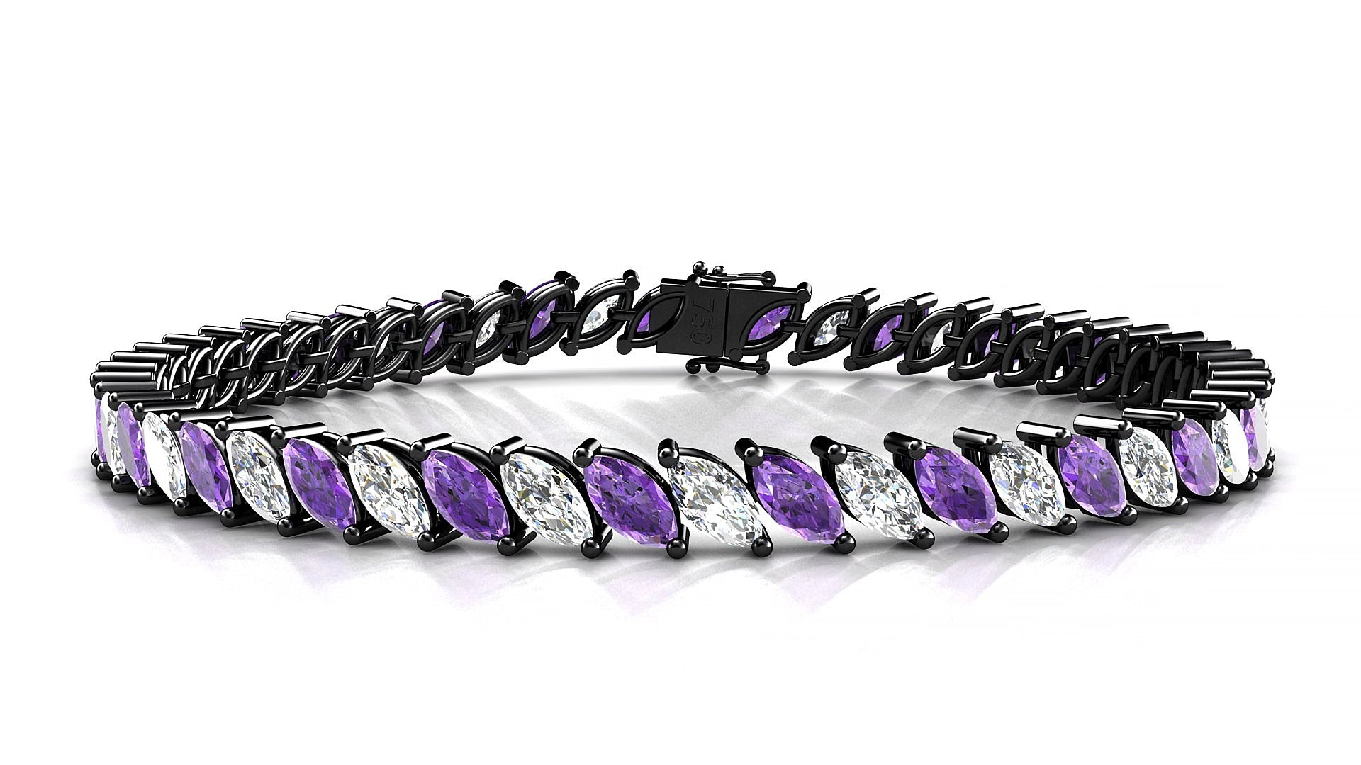 Venezia 1-1 | 18k Black Gold 6 x 3 mm Marquise Natural Amethyst & Diamond 18 cm Tennis Bracelet