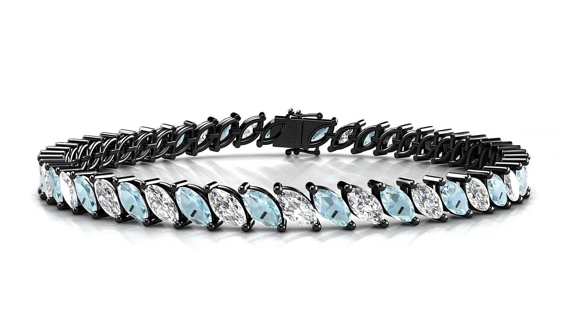 Venezia 1-1 | 18k Black Gold 6 x 3 mm Marquise Natural Aquamarine & Diamond 15 cm Tennis Bracelet