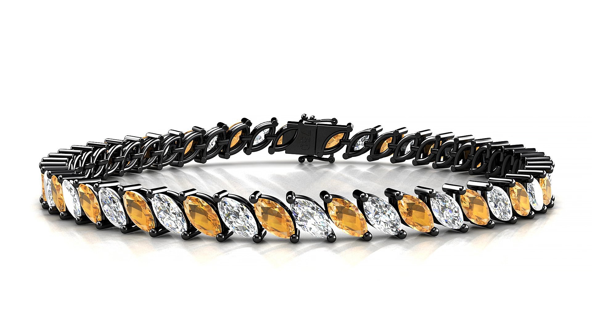 Venezia 1-1 | 18k Black Gold 6 x 3 mm Marquise Natural Citrine & Diamond 20 cm Tennis Bracelet
