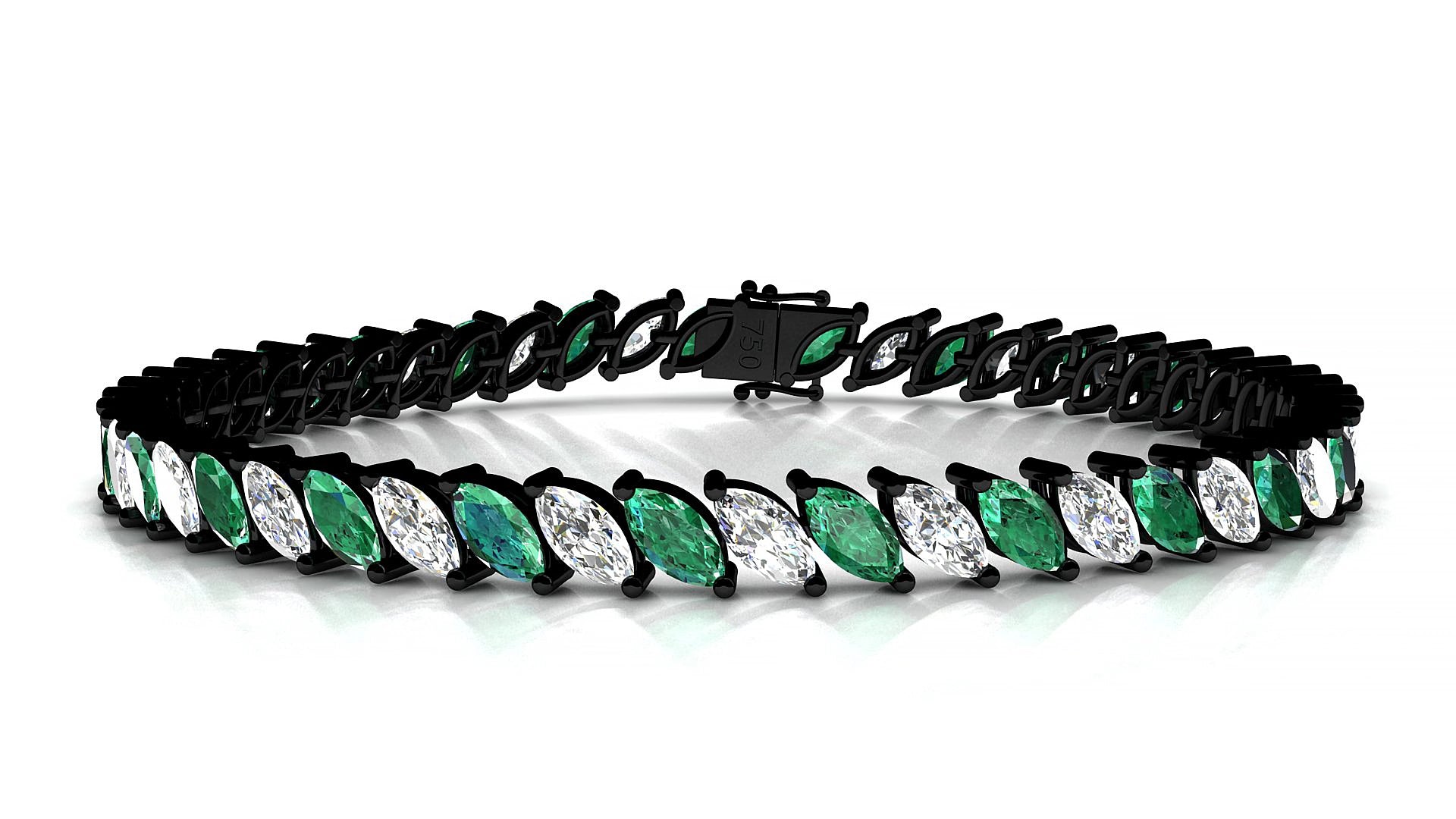 Venezia 1-1 | 18k Black Gold 6 x 3 mm Marquise Natural Emerald & Diamond 16 cm Tennis Bracelet