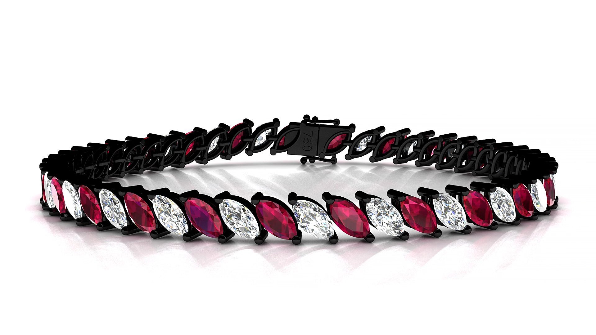 Venezia 1-1 | 18k Black Gold 6 x 3 mm Marquise Natural Ruby & Diamond 15 cm Tennis Bracelet