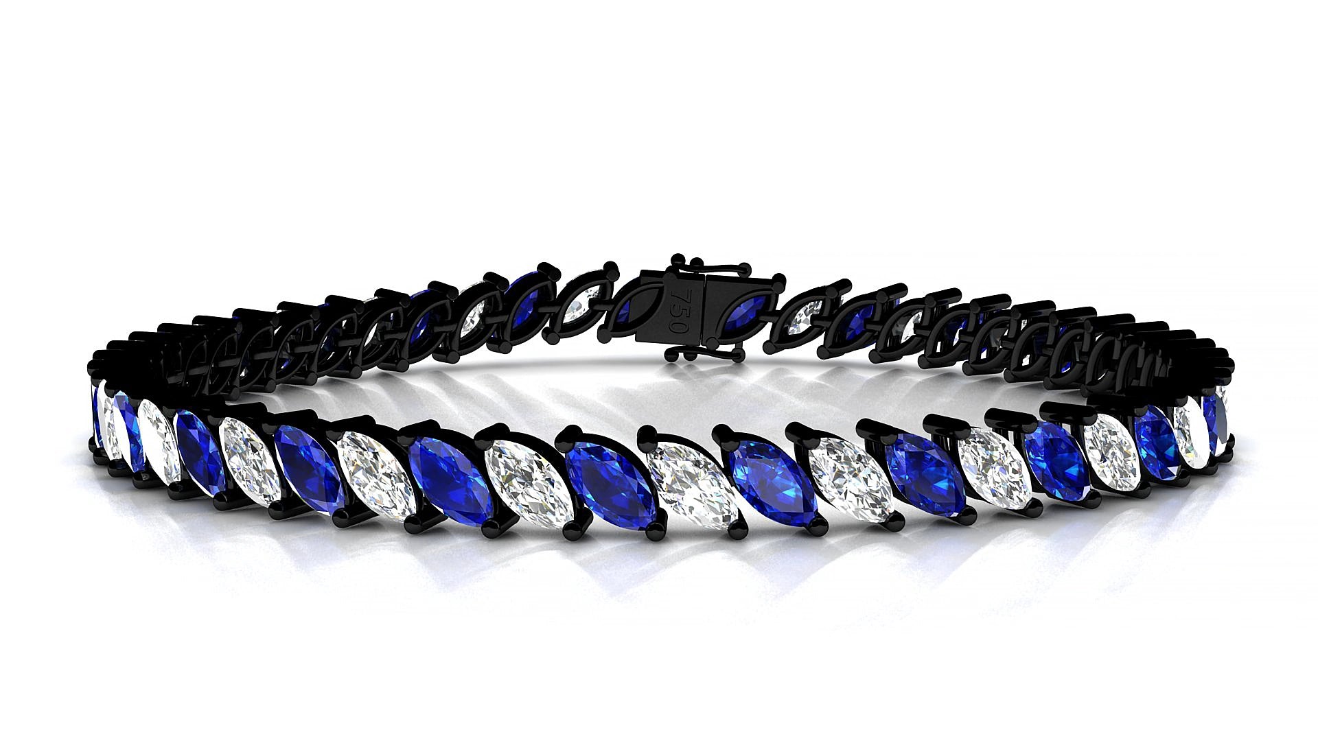 Venezia 1-1 | 18k Black Gold 6 x 3 mm Marquise Natural Sapphire & Diamond 20 cm Tennis Bracelet