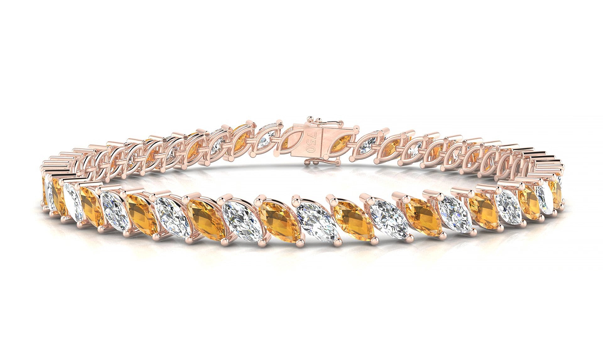 Venezia 1-1 | 18k Rose Gold 6 x 3 mm Marquise Natural Citrine & Diamond 20 cm Tennis Bracelet