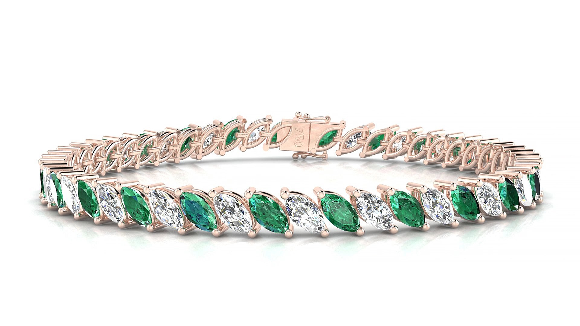 Venezia 1-1 | 18k Rose Gold 6 x 3 mm Marquise Natural Emerald & Diamond 15 cm Tennis Bracelet