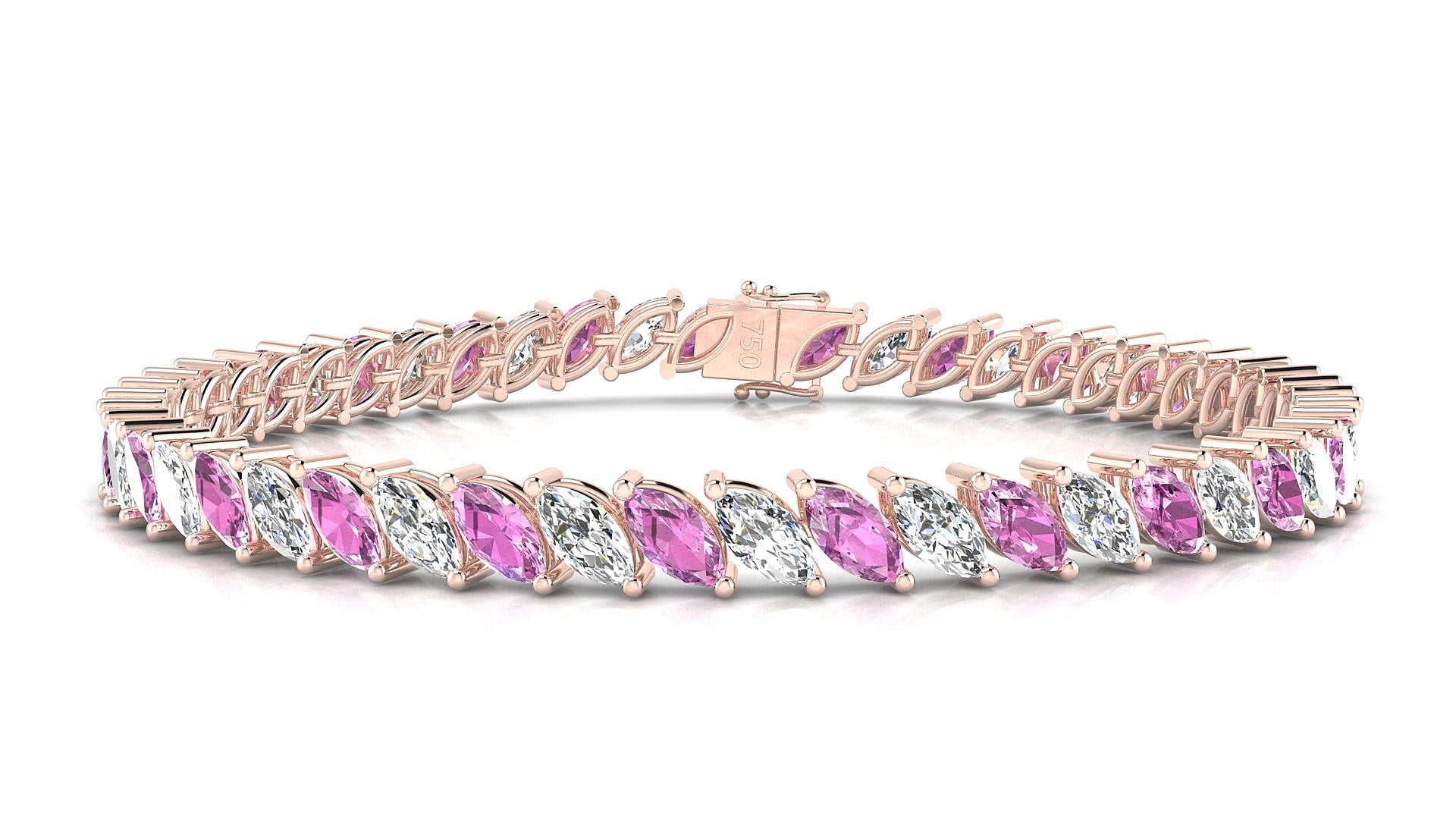 Venezia 1-1 | 18k Rose Gold 6 x 3 mm Marquise Natural Pink Sapphire & Diamond 18 cm Tennis Bracelet
