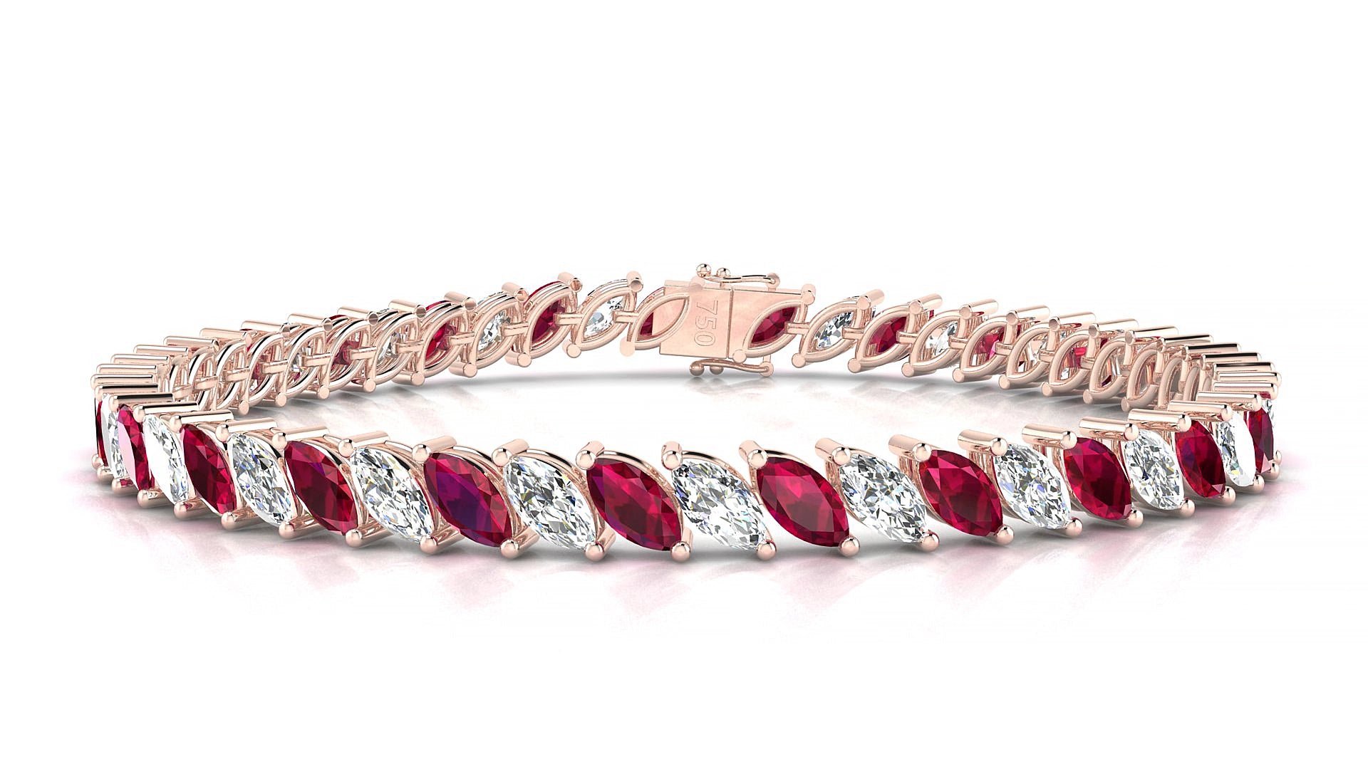 Venezia 1-1 | 18k Rose Gold 6 x 3 mm Marquise Natural Ruby & Diamond 18 cm Tennis Bracelet