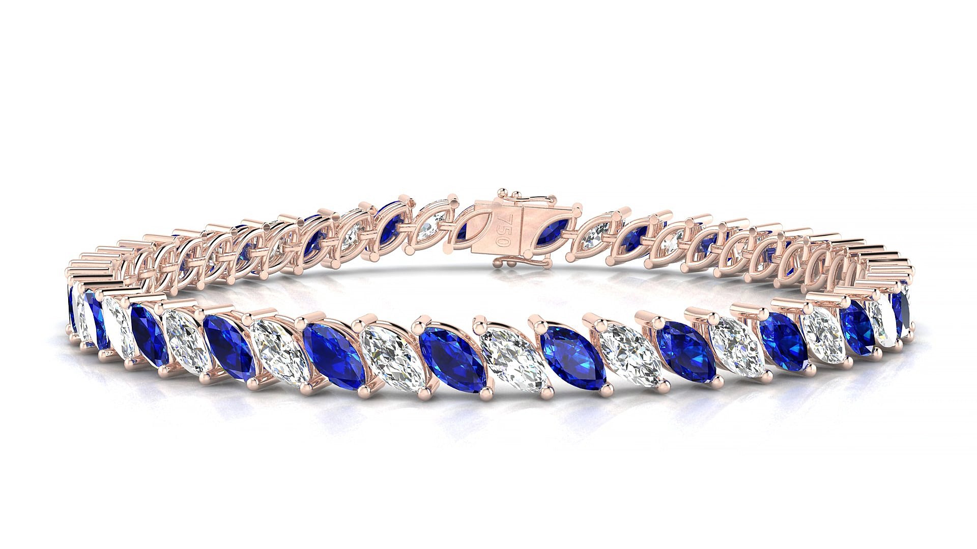 Venezia 1-1 | 18k Rose Gold 6 x 3 mm Marquise Natural Sapphire & Diamond 20 cm Tennis Bracelet