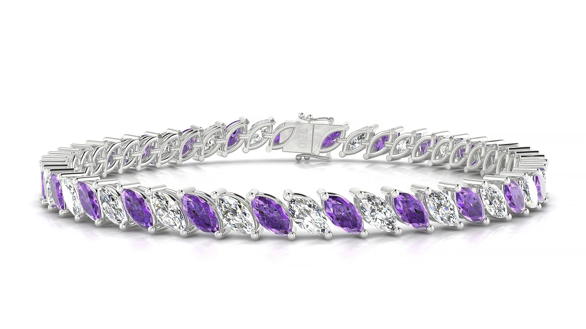 Venezia 1-1 | 18k White Gold 6 x 3 mm Marquise Natural Amethyst & Diamond Tennis Bracelet
