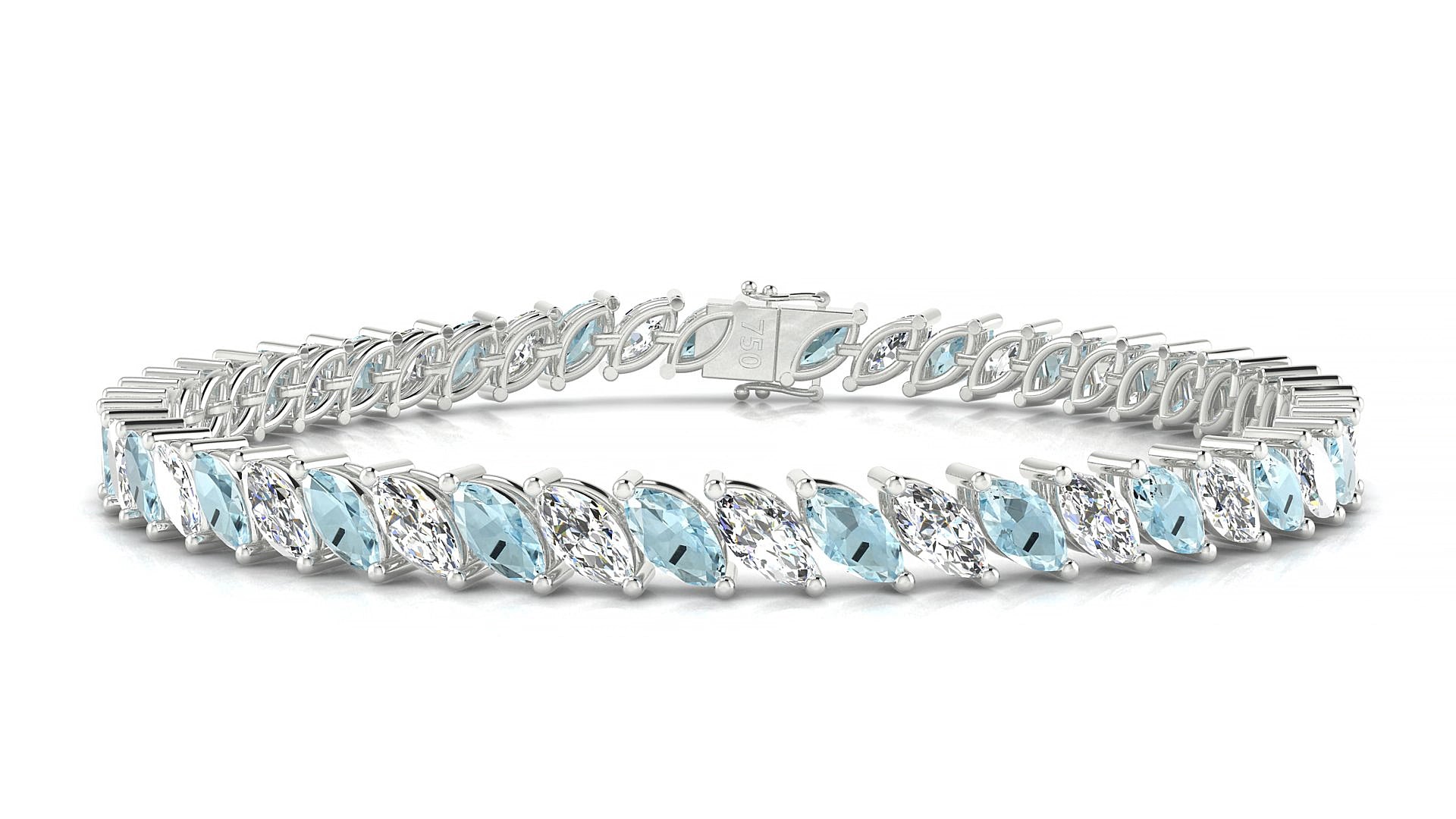 Venezia 1-1 | 18k White Gold 6 x 3 mm Marquise Natural Aquamarine & Diamond 15 cm Tennis Bracelet