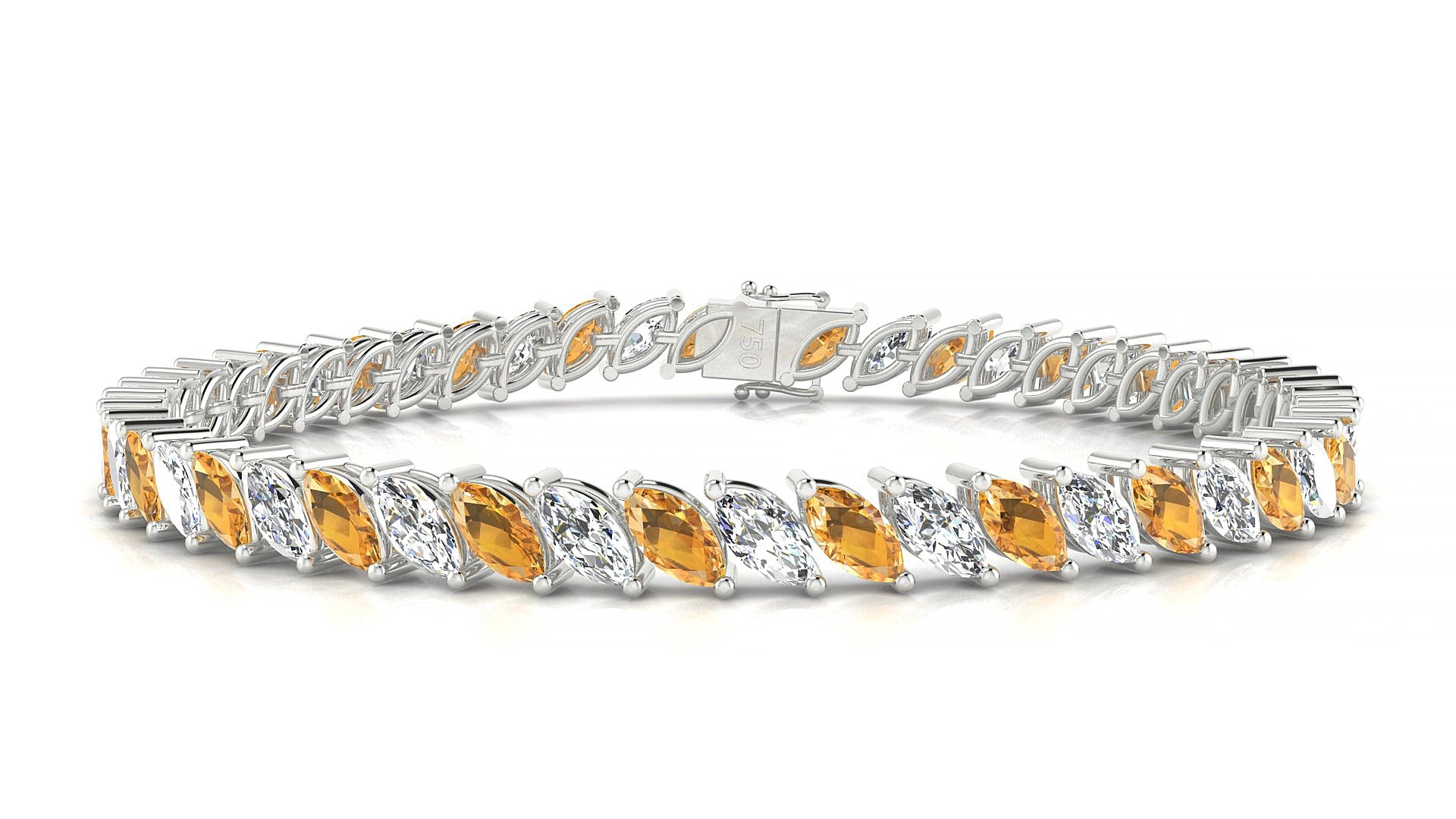 Venezia 1-1 | 18k White Gold 6 x 3 mm Marquise Natural Citrine & Diamond 18 cm Tennis Bracelet