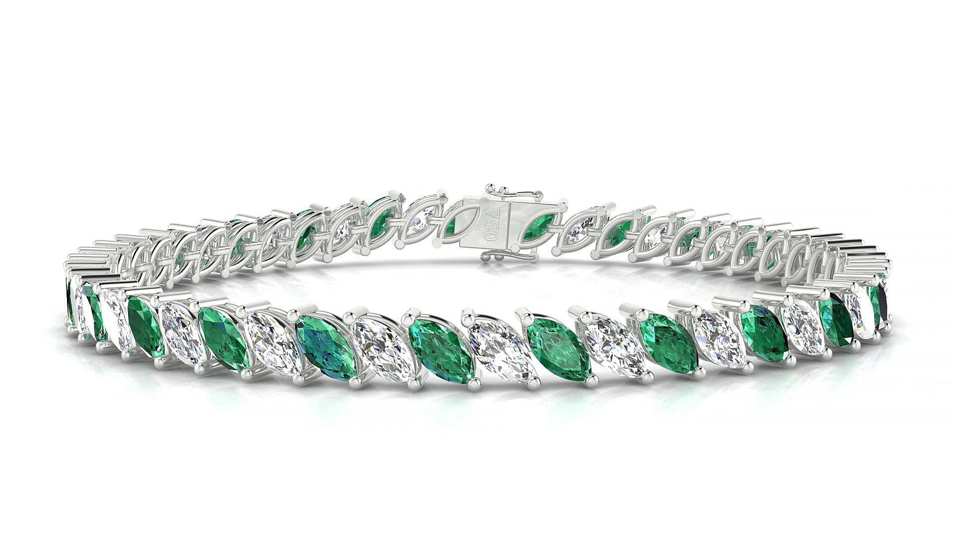 Venezia 1-1 | 18k White Gold 6 x 3 mm Marquise Natural Emerald & Diamond 15 cm Tennis Bracelet