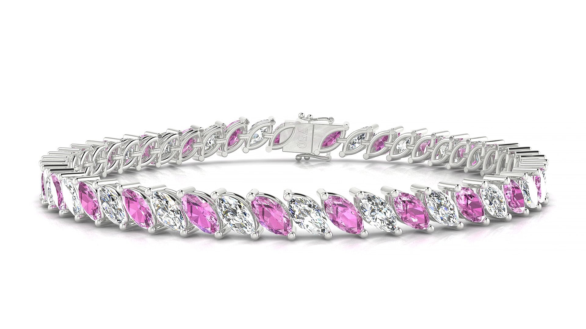 Venezia 1-1 | 18k White Gold 6 x 3 mm Marquise Natural Pink Sapphire & Diamond 20 cm Tennis Bracelet