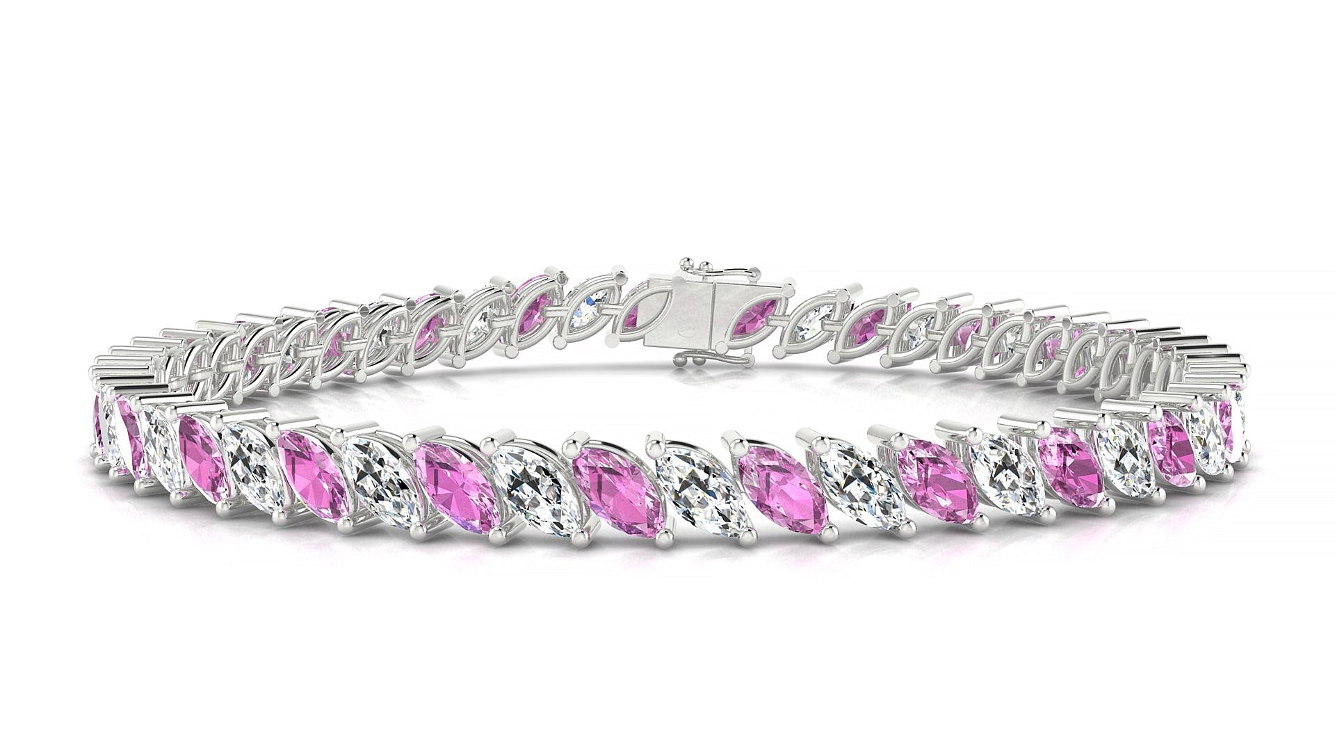 Venezia 1-1 | 18k White Gold 6 x 3 mm Marquise Natural Pink Sapphire & Diamond Tennis Bracelet
