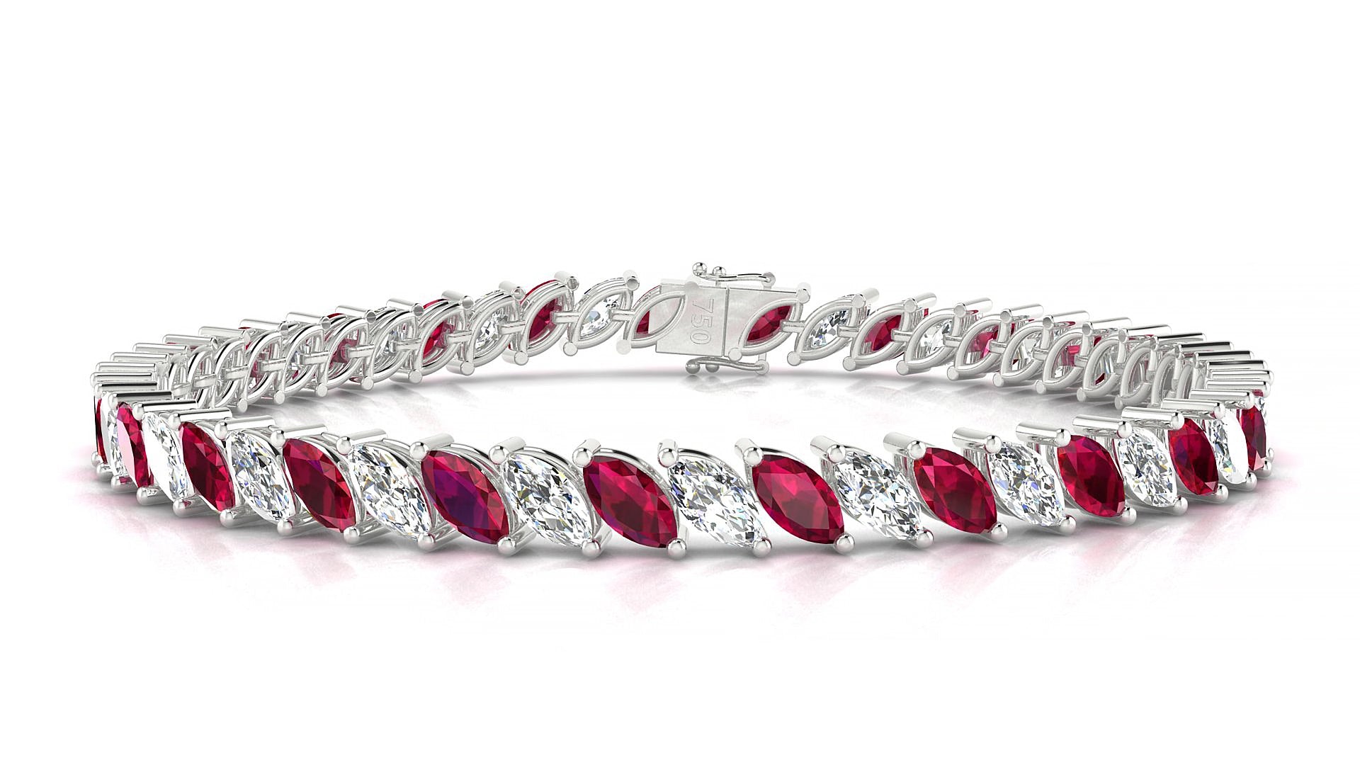 Venezia 1-1 | 18k White Gold 6 x 3 mm Marquise Natural Ruby & Diamond 19 cm Tennis Bracelet