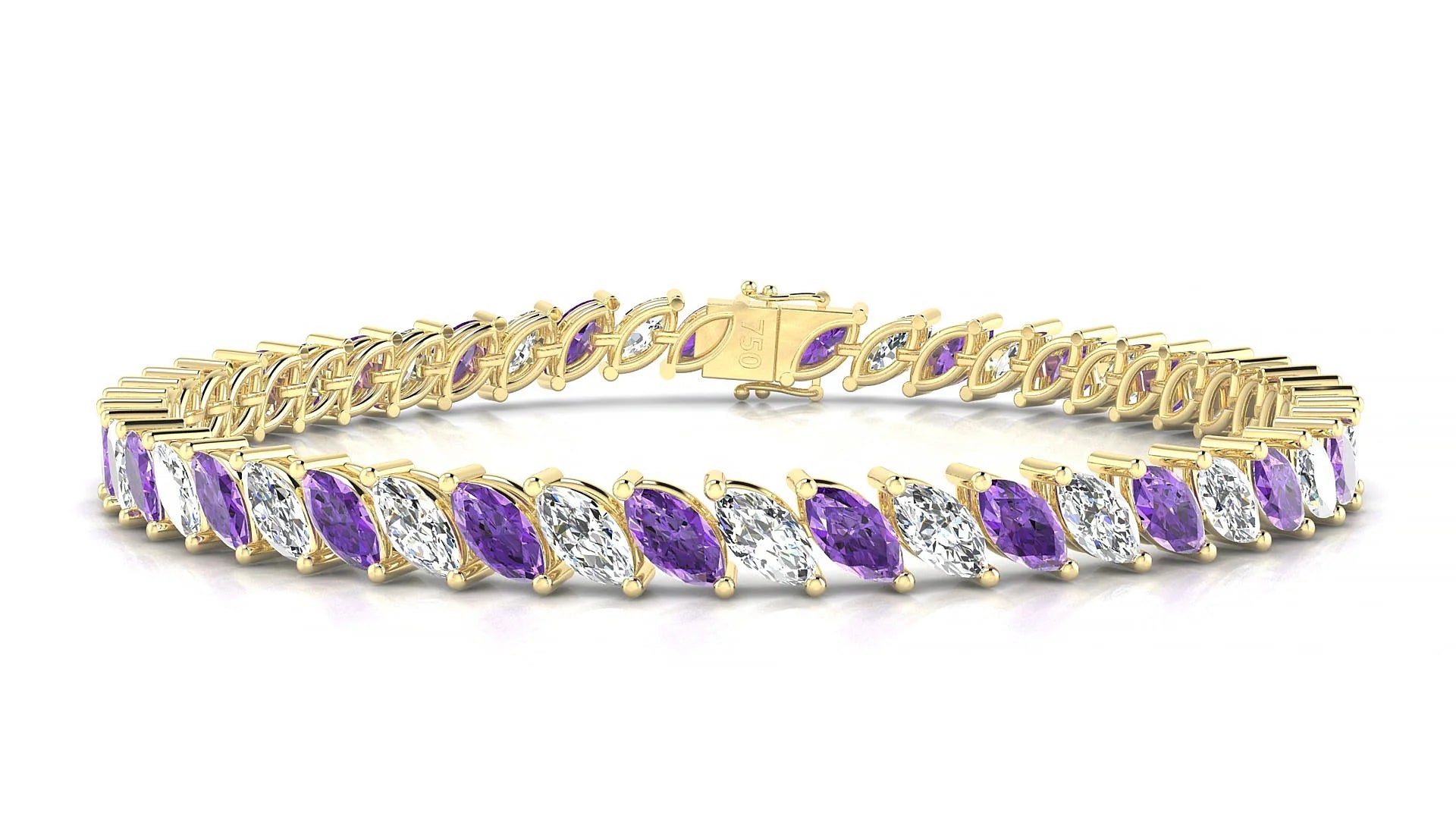 Venezia 1-1 | 18k Yellow Gold 6 x 3 mm Marquise Natural Amethyst & Diamond Tennis Bracelet