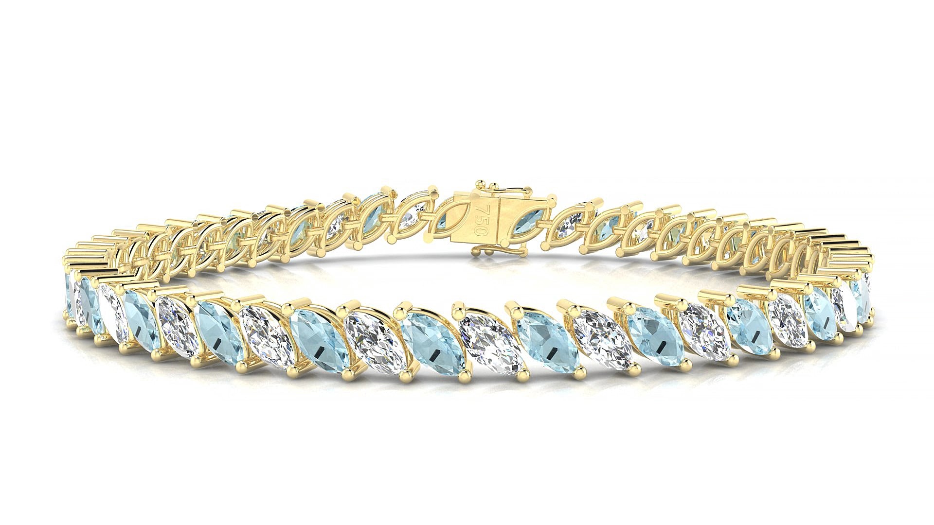 Venezia 1-1 | 18k Yellow Gold 6 x 3 mm Marquise Natural Aquamarine & Diamond 18 cm Tennis Bracelet