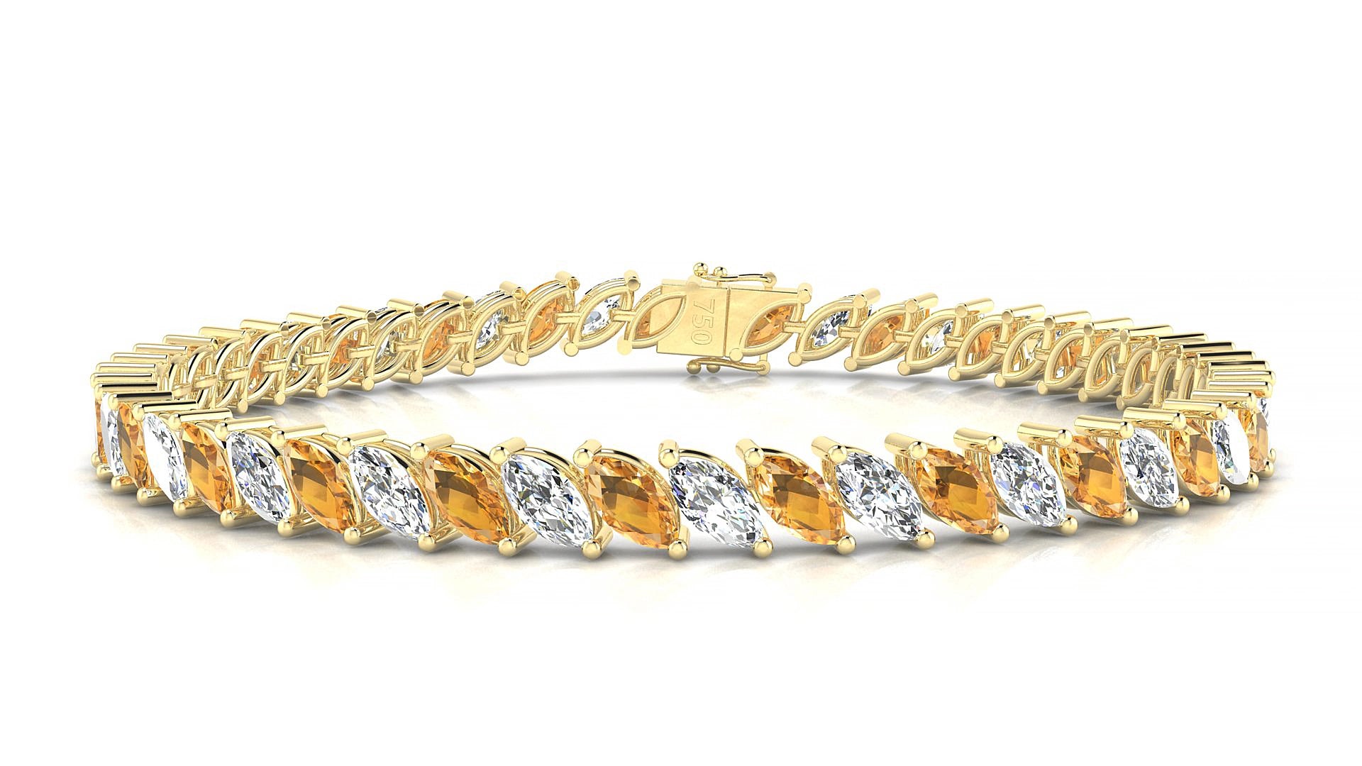 Venezia 1-1 | 18k Yellow Gold 6 x 3 mm Marquise Natural Citrine & Diamond 20 cm Tennis Bracelet