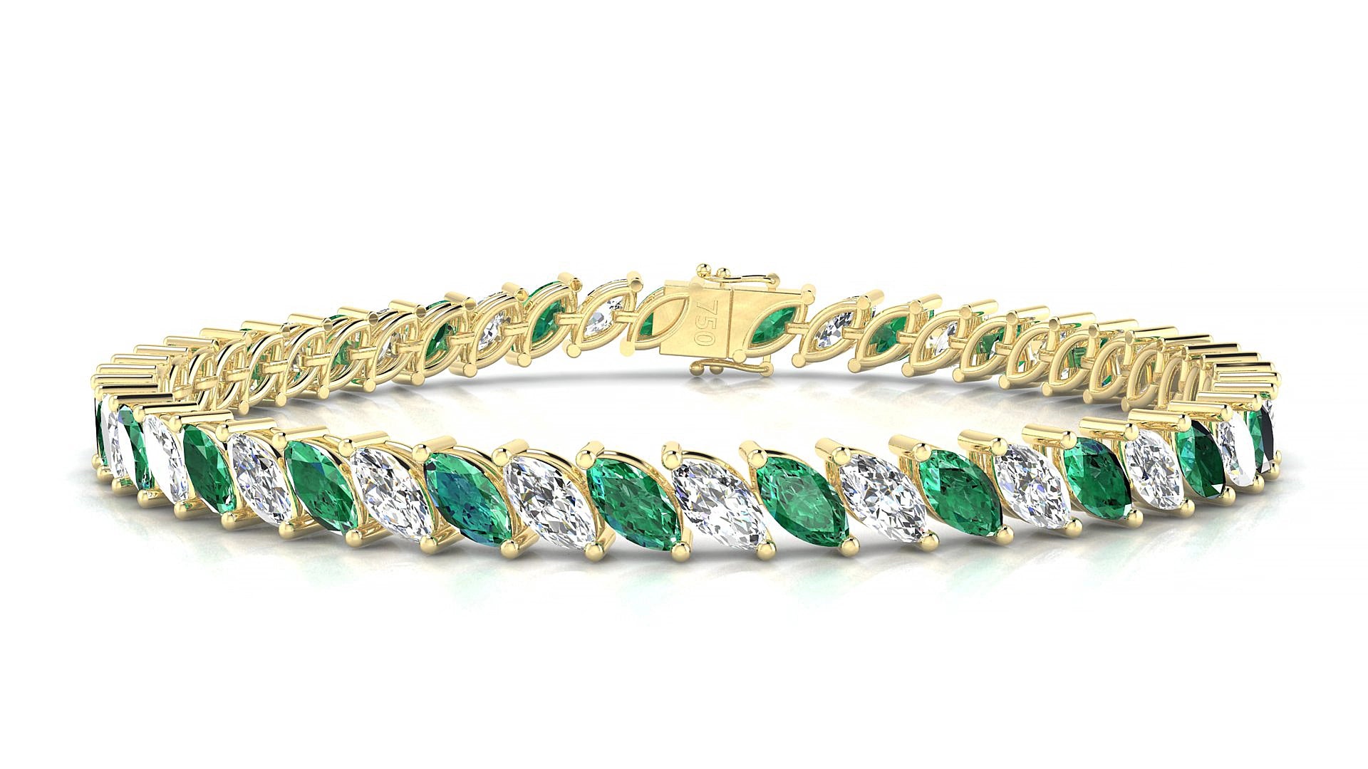 Venezia 1-1 | 18k Yellow Gold 6 x 3 mm Marquise Natural Emerald & Diamond 16 cm Tennis Bracelet