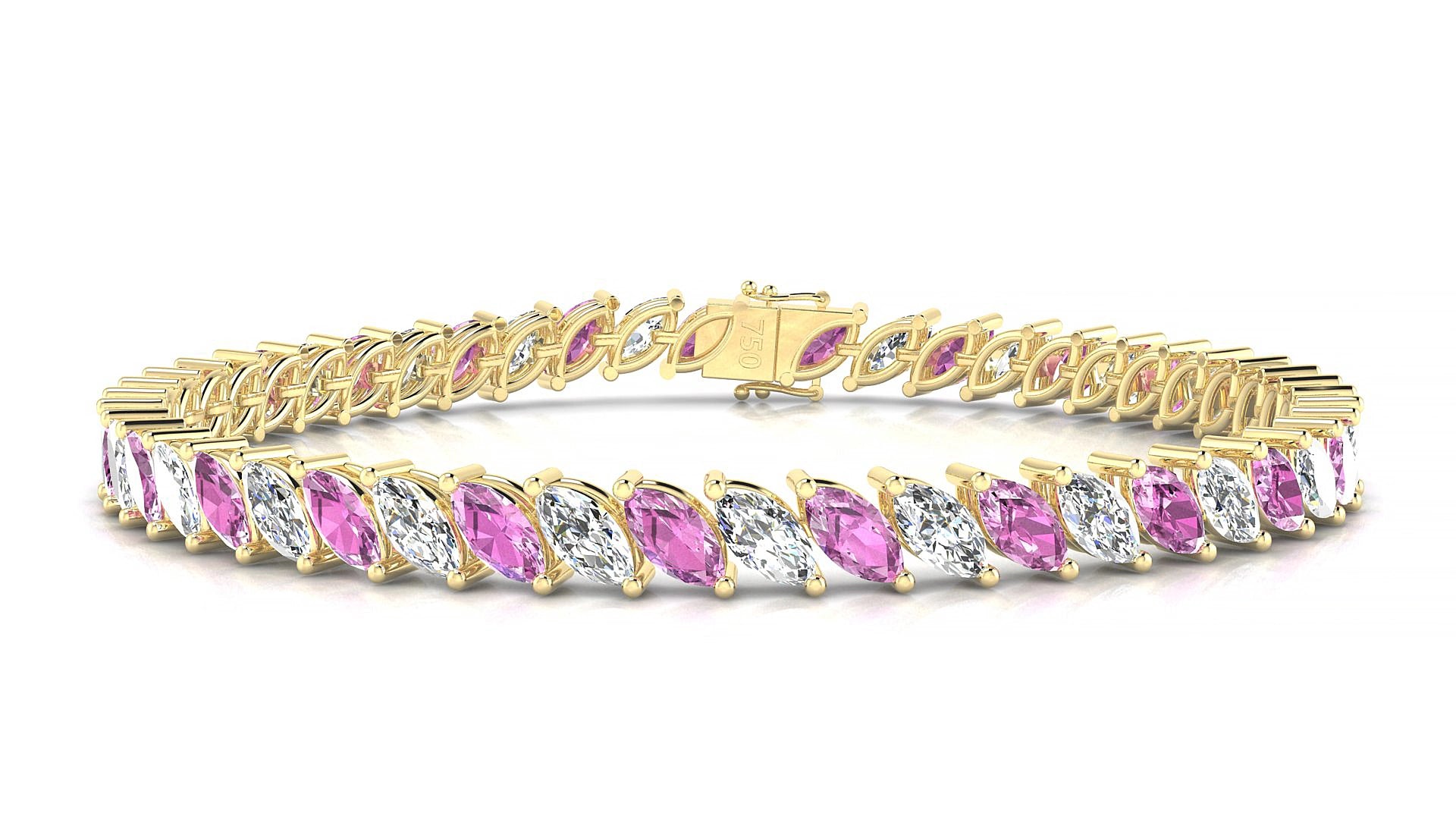 Venezia 1-1 | 18k Yellow Gold 6 x 3 mm Marquise Natural Pink Sapphire & Diamond 15 cm Tennis Bracelet