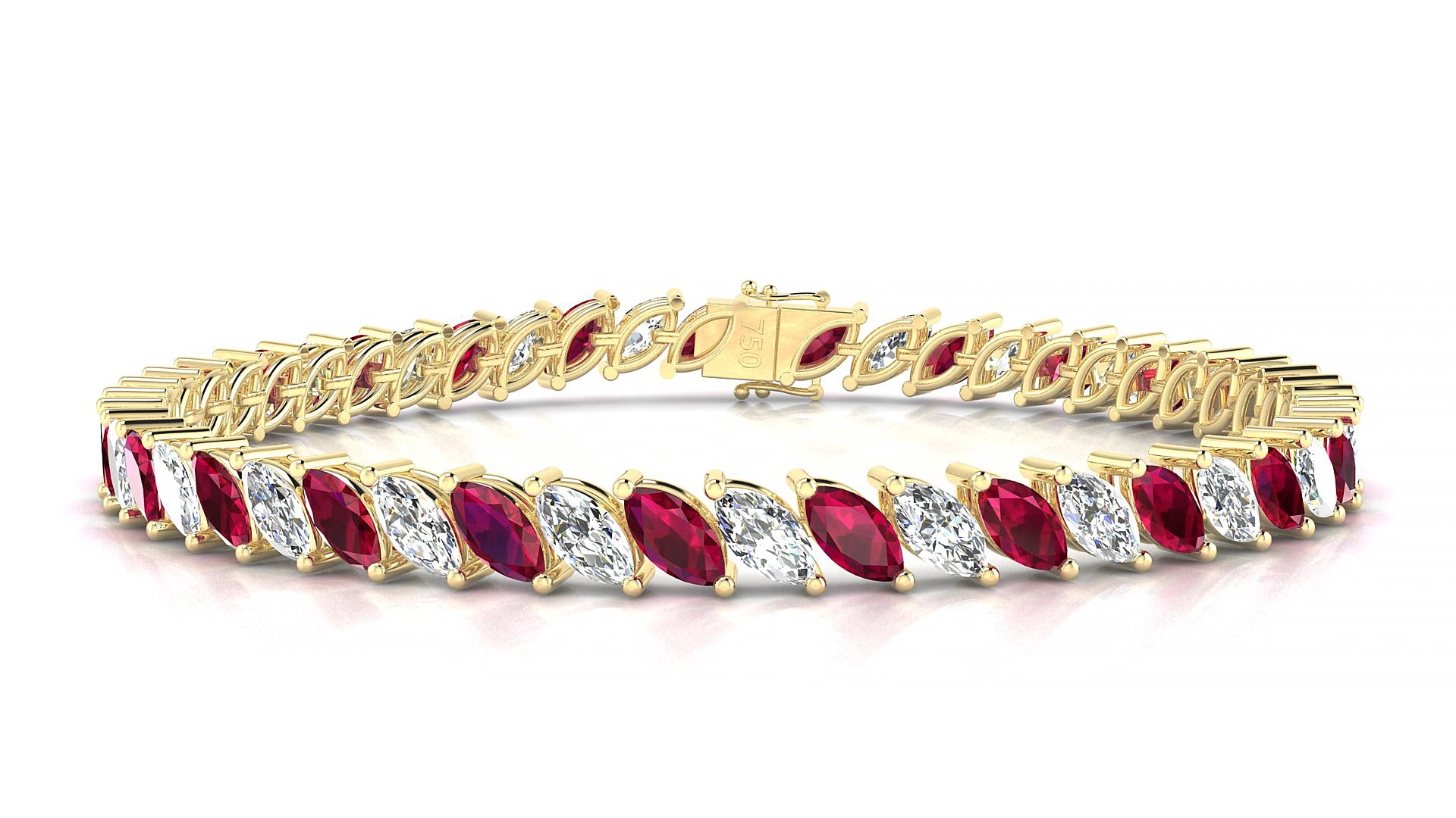 Venezia 1-1 | 18k Yellow Gold 6 x 3 mm Marquise Natural Ruby & Diamond 15 cm Tennis Bracelet