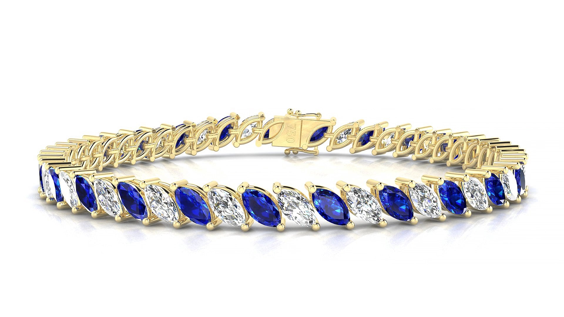 Venezia 1-1 | 18k Yellow Gold 6 x 3 mm Marquise Natural Sapphire & Diamond 20 cm Tennis Bracelet