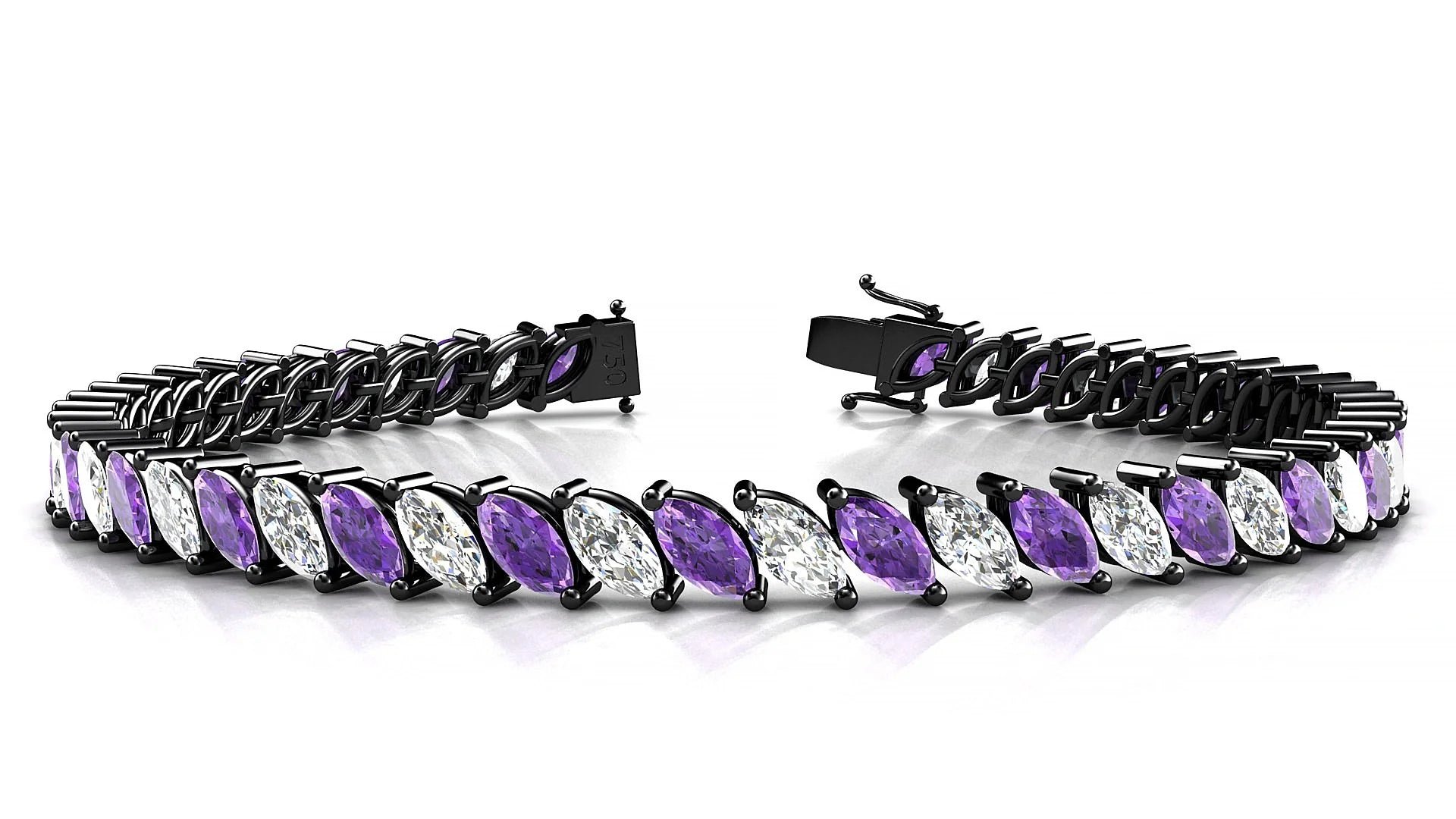 Venezia 1-1 | 18k Black Gold 6 x 3 mm Marquise Natural Amethyst & Diamond Tennis Bracelet