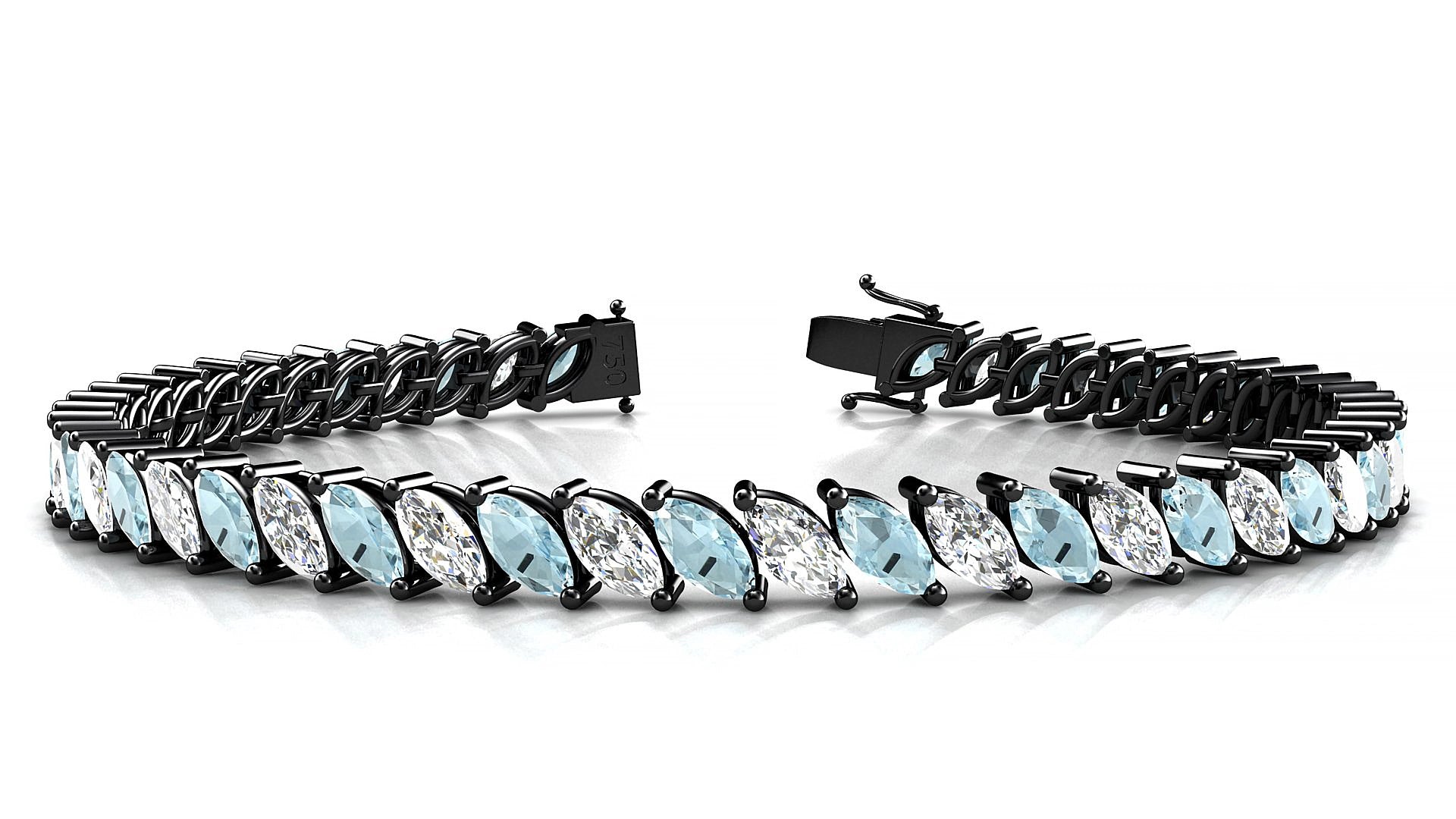 Venezia 1-1 | 18k Black Gold 6 x 3 mm Marquise Natural Aquamarine & Diamond 17 cm Tennis Bracelet