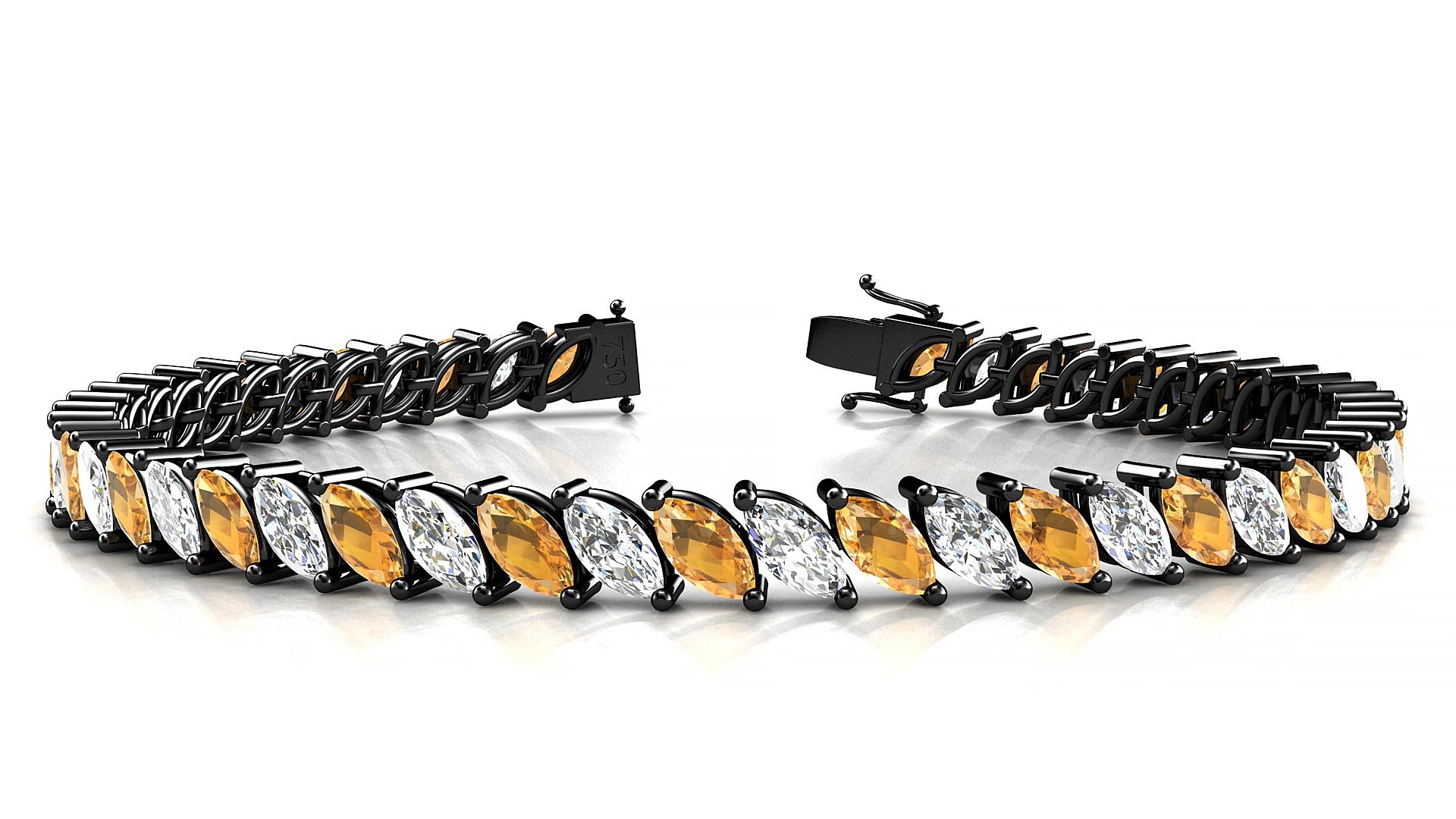 Venezia 1-1 | 18k Black Gold 6 x 3 mm Marquise Natural Citrine & Diamond 15 cm Tennis Bracelet