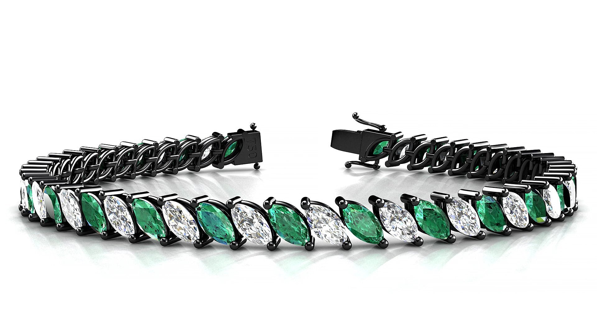 Venezia 1-1 | 18k Black Gold 6 x 3 mm Marquise Natural Emerald & Diamond 18 cm Tennis Bracelet