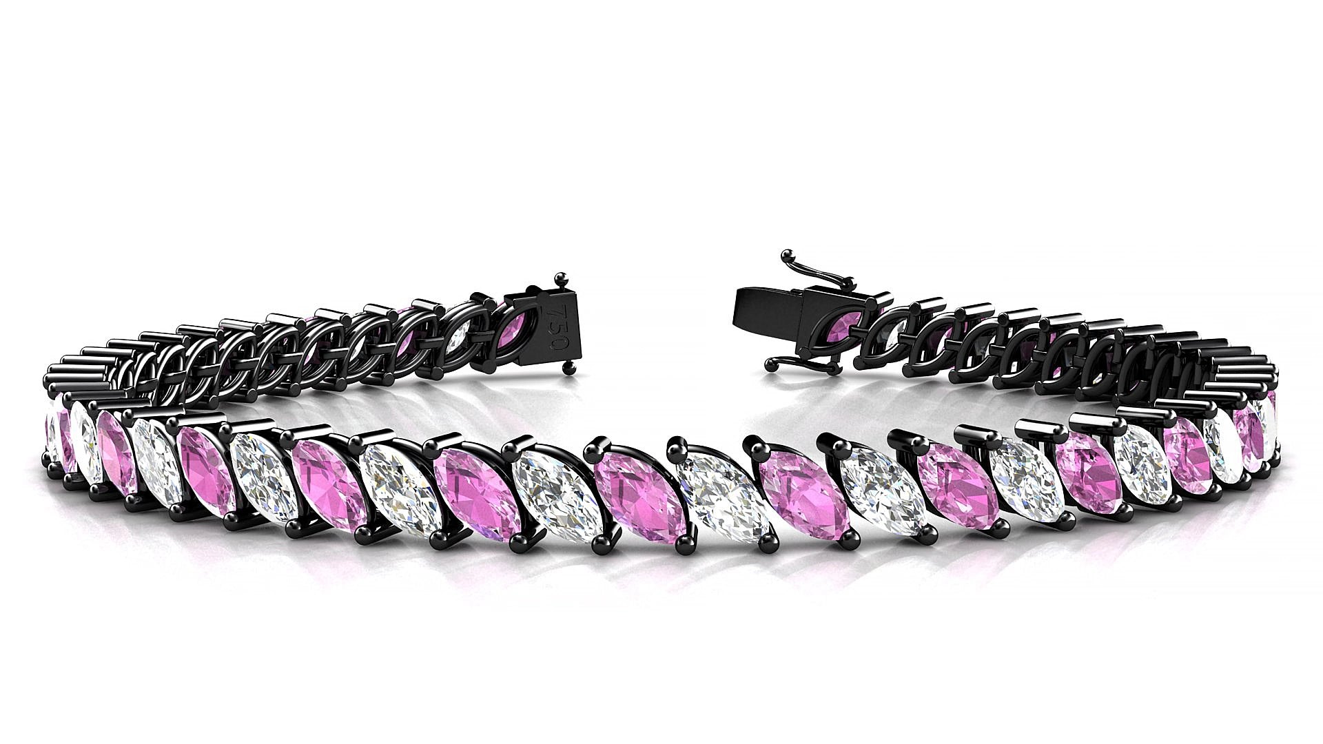 Venezia 1-1 | 18k Black Gold 6 x 3 mm Marquise Natural Pink Sapphire & Diamond 15 cm Tennis Bracelet