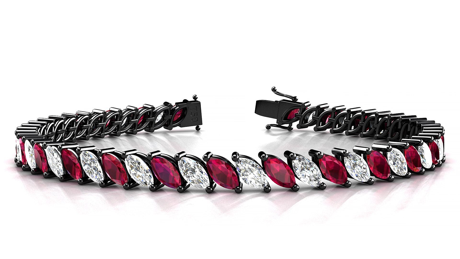 Venezia 1-1 | 18k Black Gold 6 x 3 mm Marquise Natural Ruby & Diamond 15 cm Tennis Bracelet