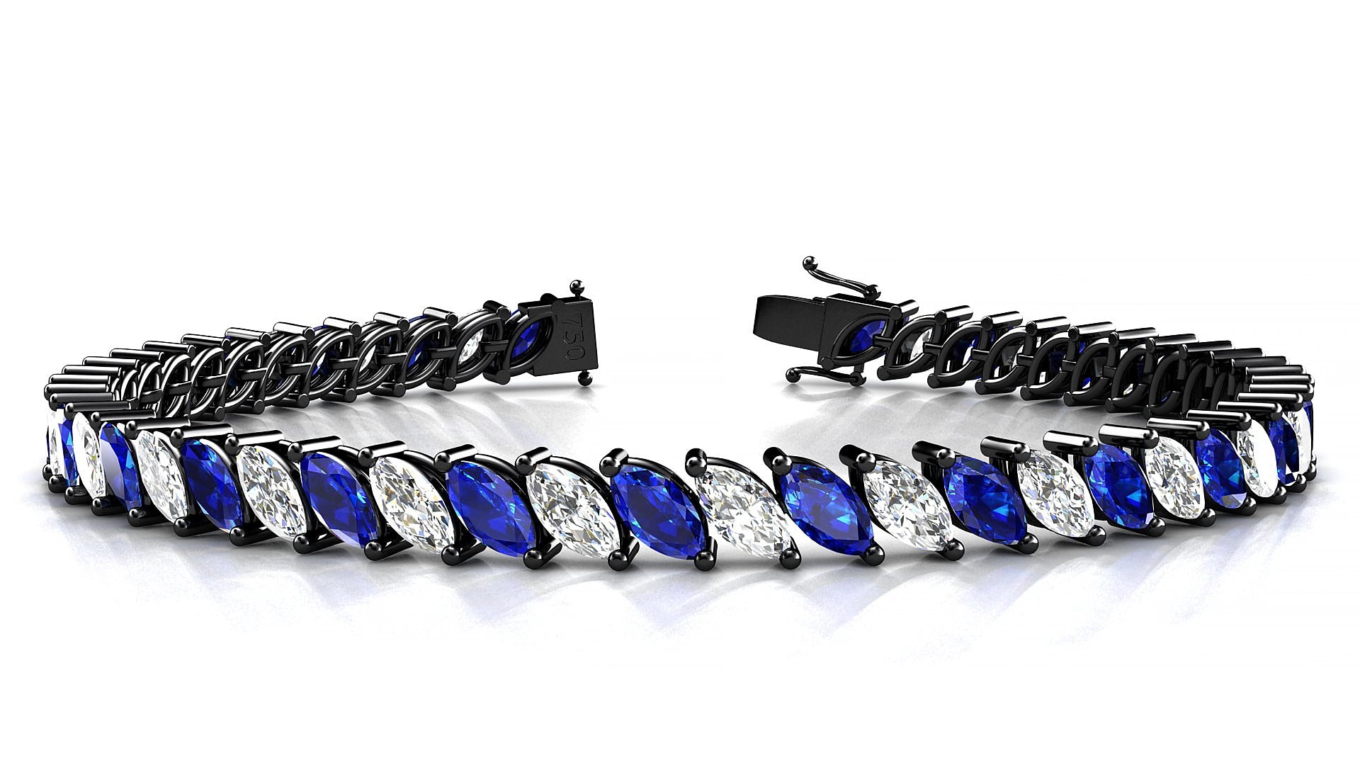 Venezia 1-1 | 18k Black Gold 6 x 3 mm Marquise Natural Sapphire & Diamond 19 cm Tennis Bracelet