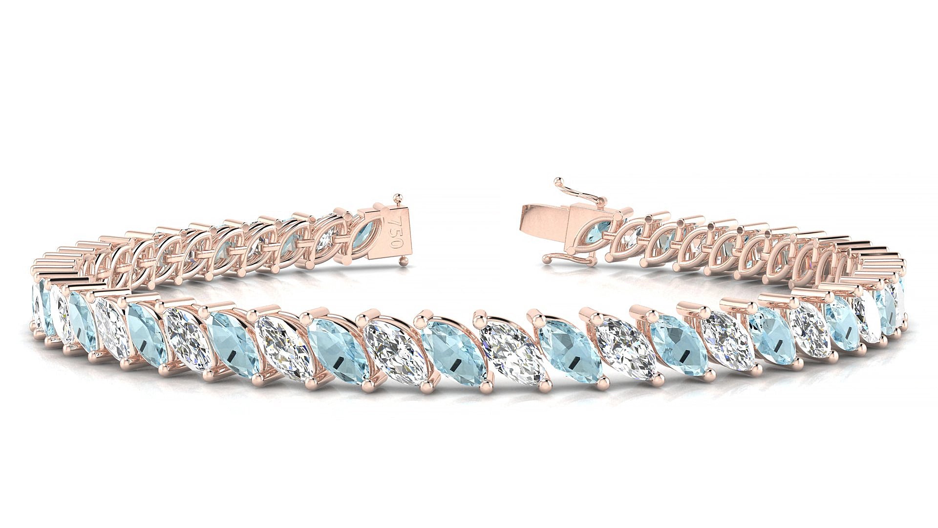 Venezia 1-1 | 18k Rose Gold 6 x 3 mm Marquise Natural Aquamarine & Diamond 18 cm Tennis Bracelet