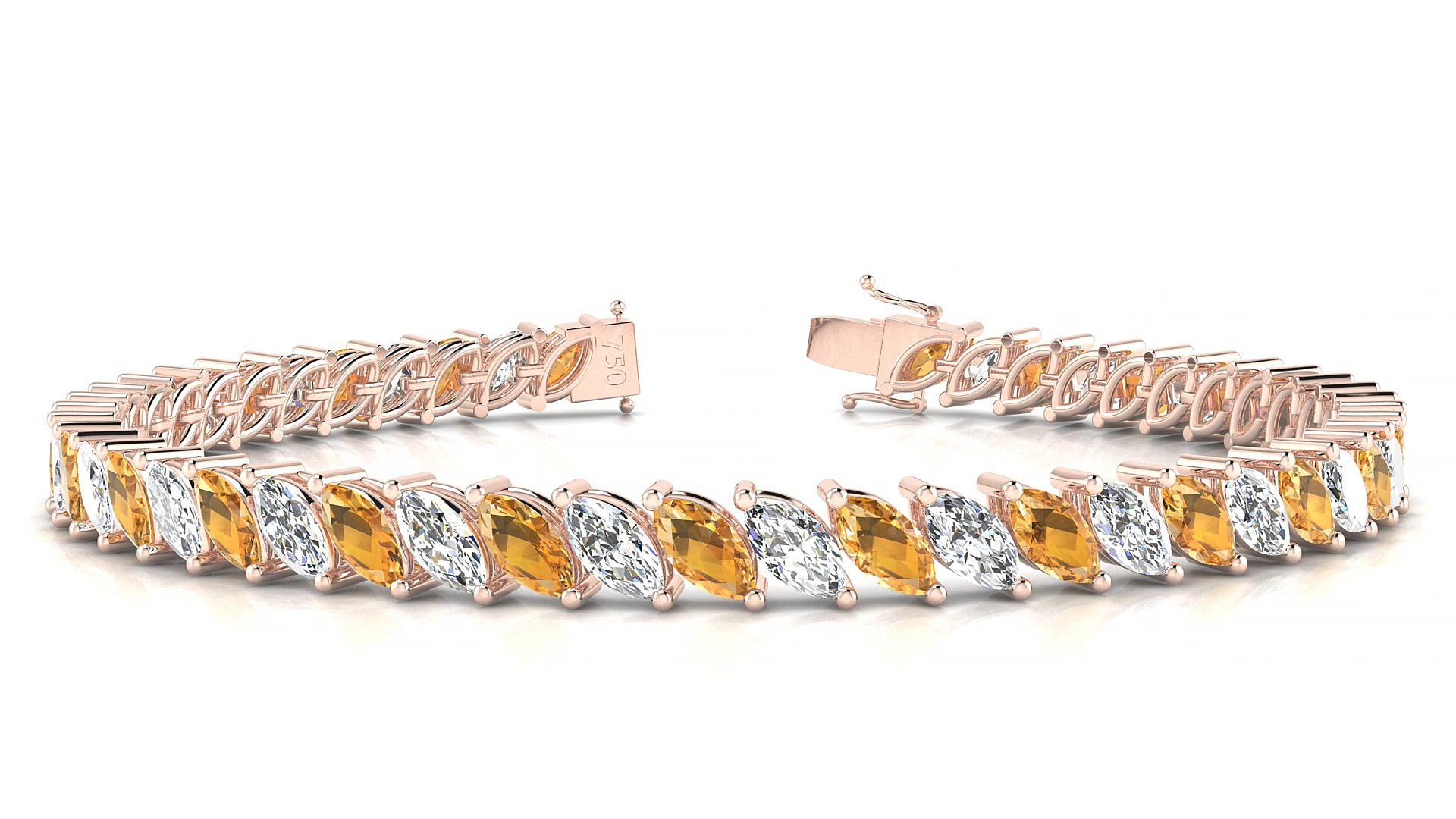 Venezia 1-1 | 18k Rose Gold 6 x 3 mm Marquise Natural Citrine & Diamond 15 cm Tennis Bracelet