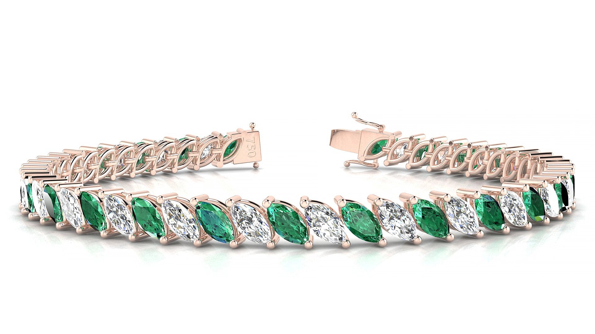 Venezia 1-1 | 18k Rose Gold 6 x 3 mm Marquise Natural Emerald & Diamond 15 cm Tennis Bracelet