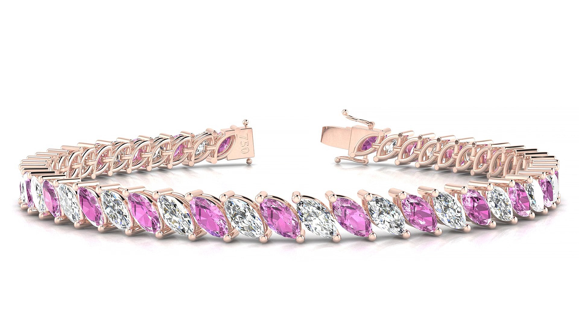 Venezia 1-1 | 18k Rose Gold 6 x 3 mm Marquise Natural Pink Sapphire & Diamond 15 cm Tennis Bracelet