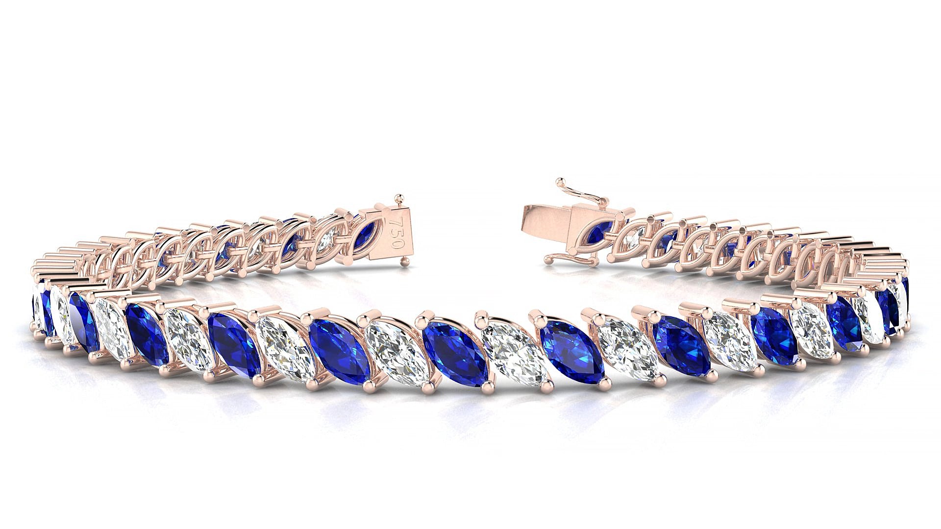 Venezia 1-1 | 18k Rose Gold 6 x 3 mm Marquise Natural Sapphire & Diamond 20 cm Tennis Bracelet