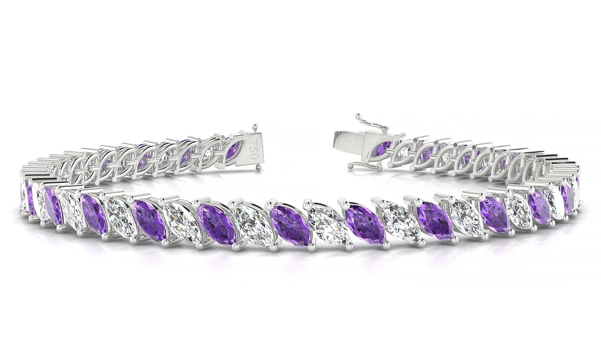 Venezia 1-1 | 18k White Gold 6 x 3 mm Marquise Natural Amethyst & Diamond Tennis Bracelet