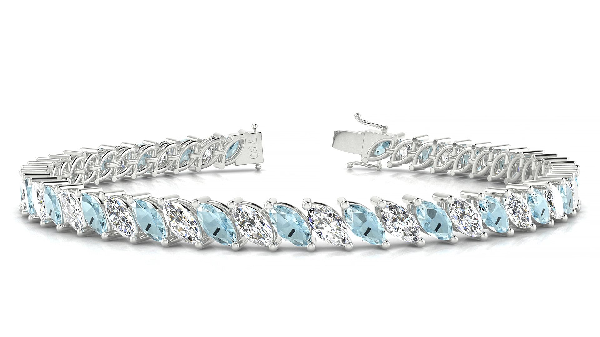 Venezia 1-1 | 18k White Gold 6 x 3 mm Marquise Natural Aquamarine & Diamond 17 cm Tennis Bracelet