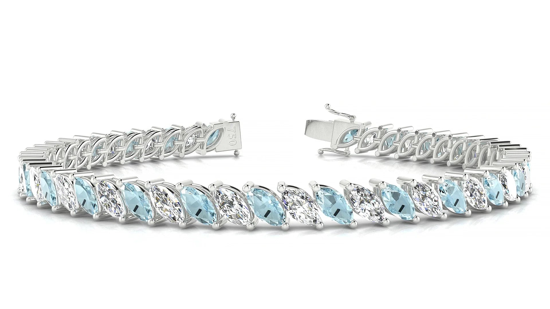 Venezia 1-1 | 18k White Gold 6 x 3 mm Marquise Natural Aquamarine & Diamond Tennis Bracelet