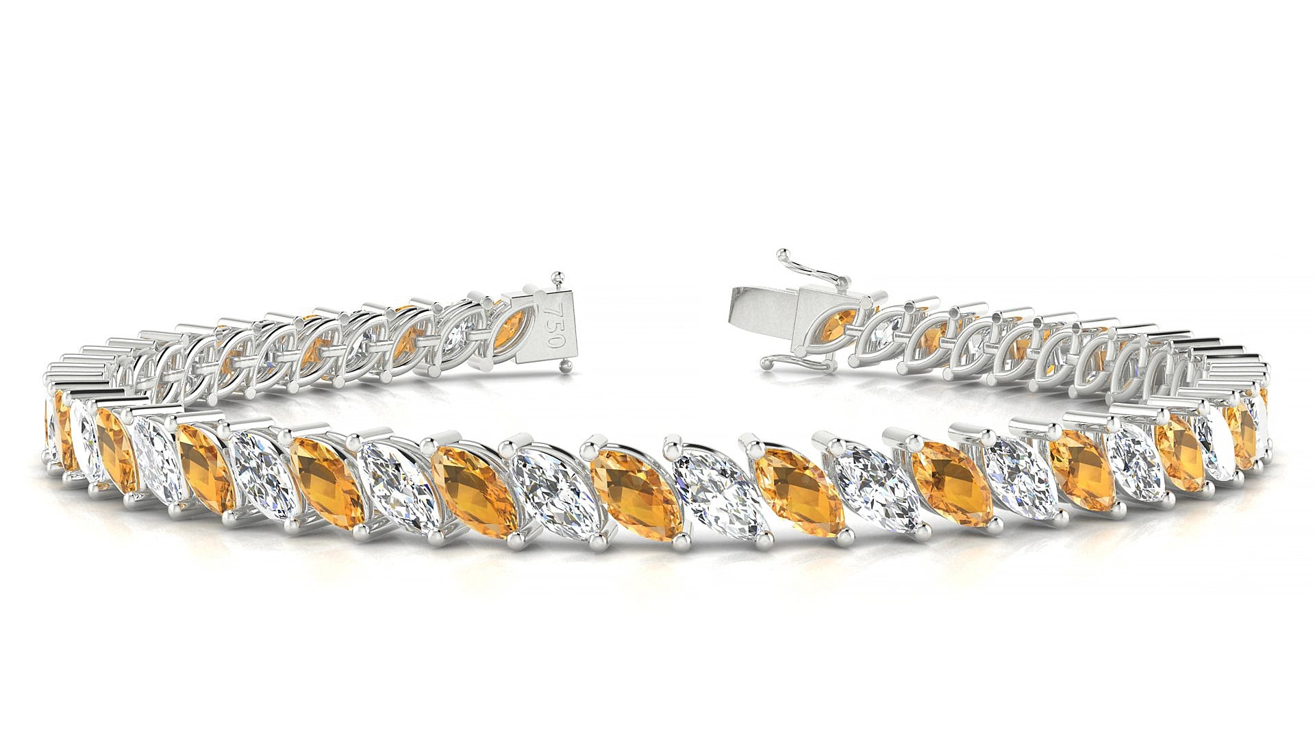 Venezia 1-1 | 18k White Gold 6 x 3 mm Marquise Natural Citrine & Diamond 15 cm Tennis Bracelet