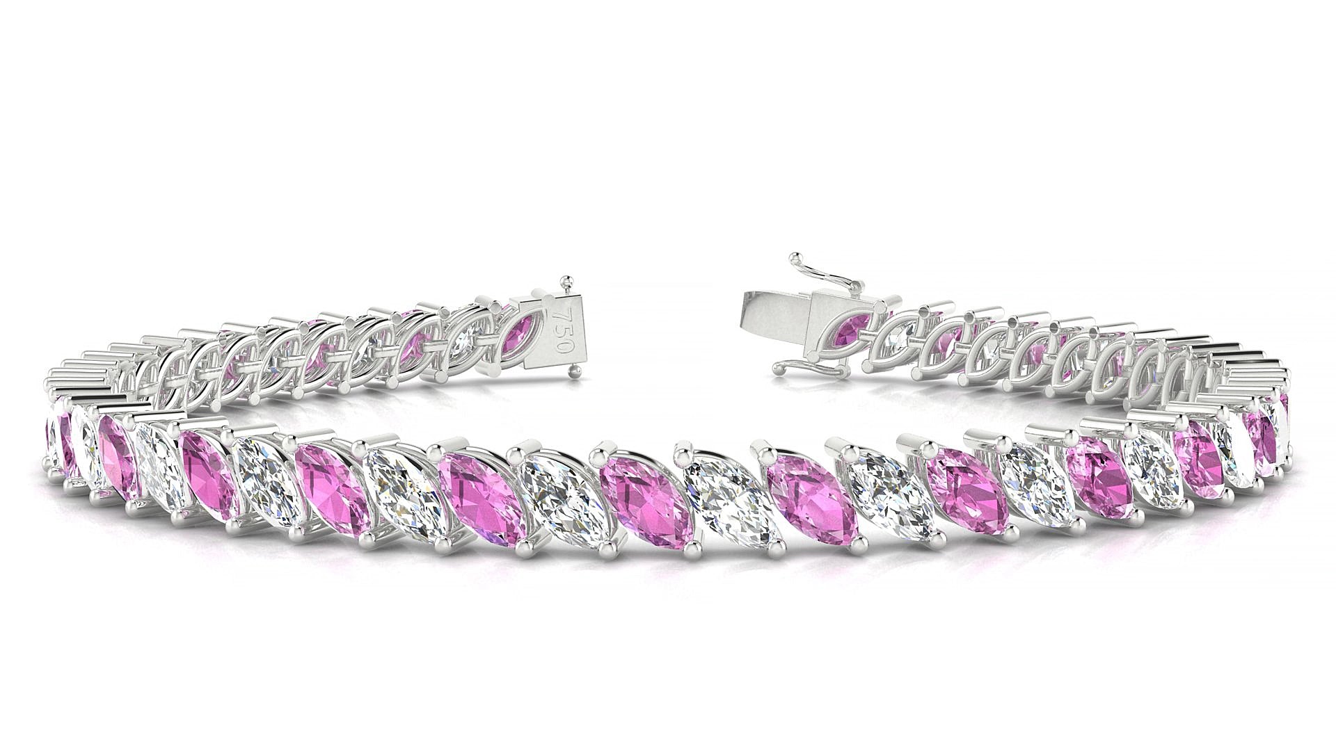 Venezia 1-1 | 18k White Gold 6 x 3 mm Marquise Natural Pink Sapphire & Diamond 15 cm Tennis Bracelet
