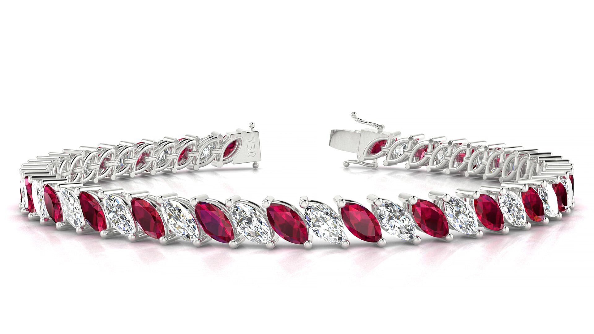 Venezia 1-1 | 18k White Gold 6 x 3 mm Marquise Natural Ruby & Diamond 15 cm Tennis Bracelet