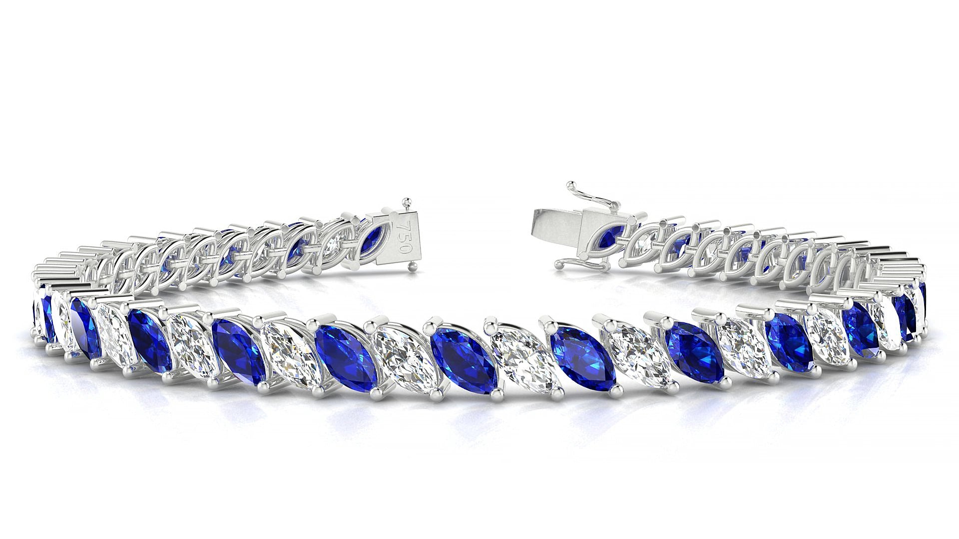Venezia 1-1 | 18k White Gold 6 x 3 mm Marquise Natural Sapphire & Diamond 18 cm Tennis Bracelet
