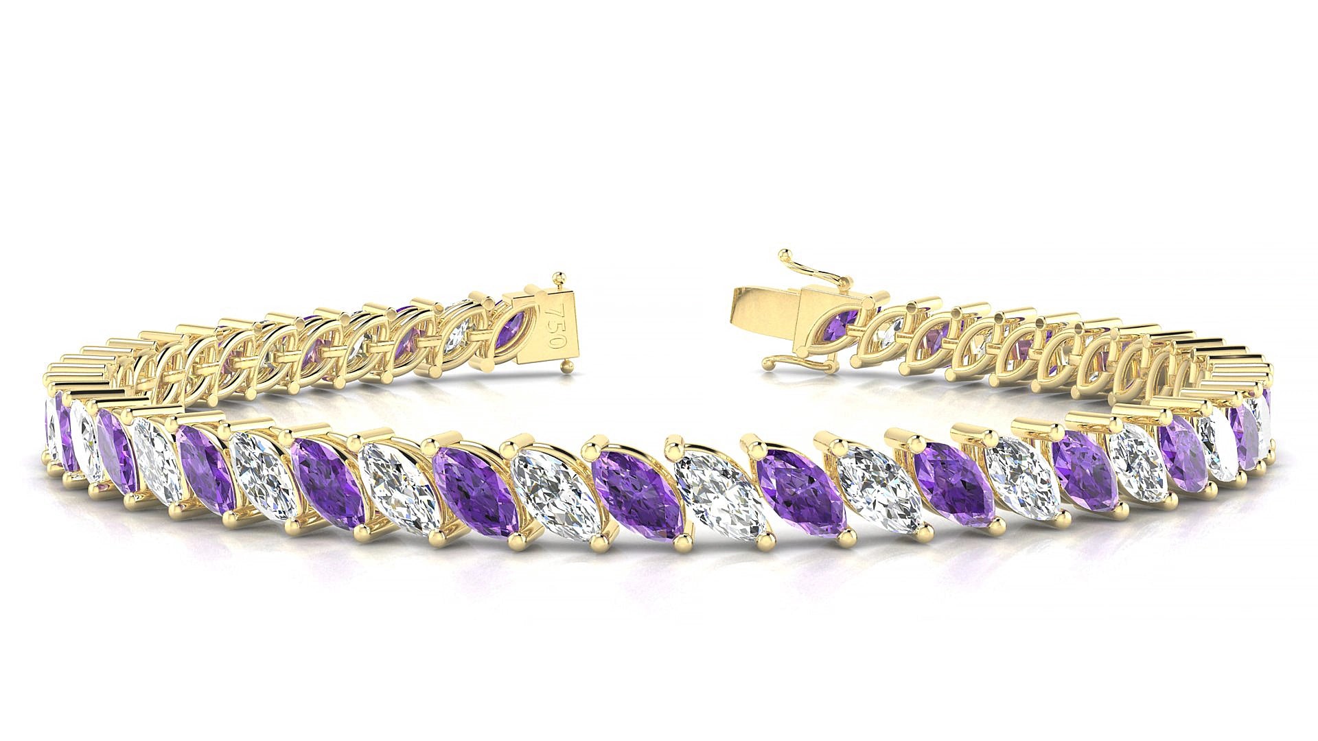 Venezia 1-1 | 18k Yellow Gold 6 x 3 mm Marquise Natural Amethyst & Diamond 16 cm Tennis Bracelet