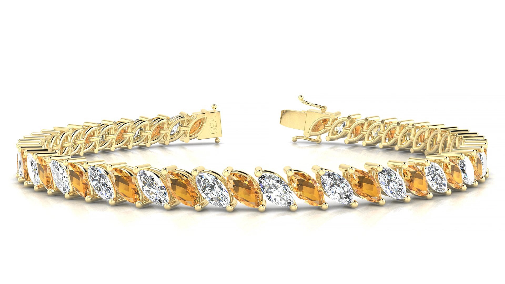 Venezia 1-1 | 18k Yellow Gold 6 x 3 mm Marquise Natural Citrine & Diamond 20 cm Tennis Bracelet