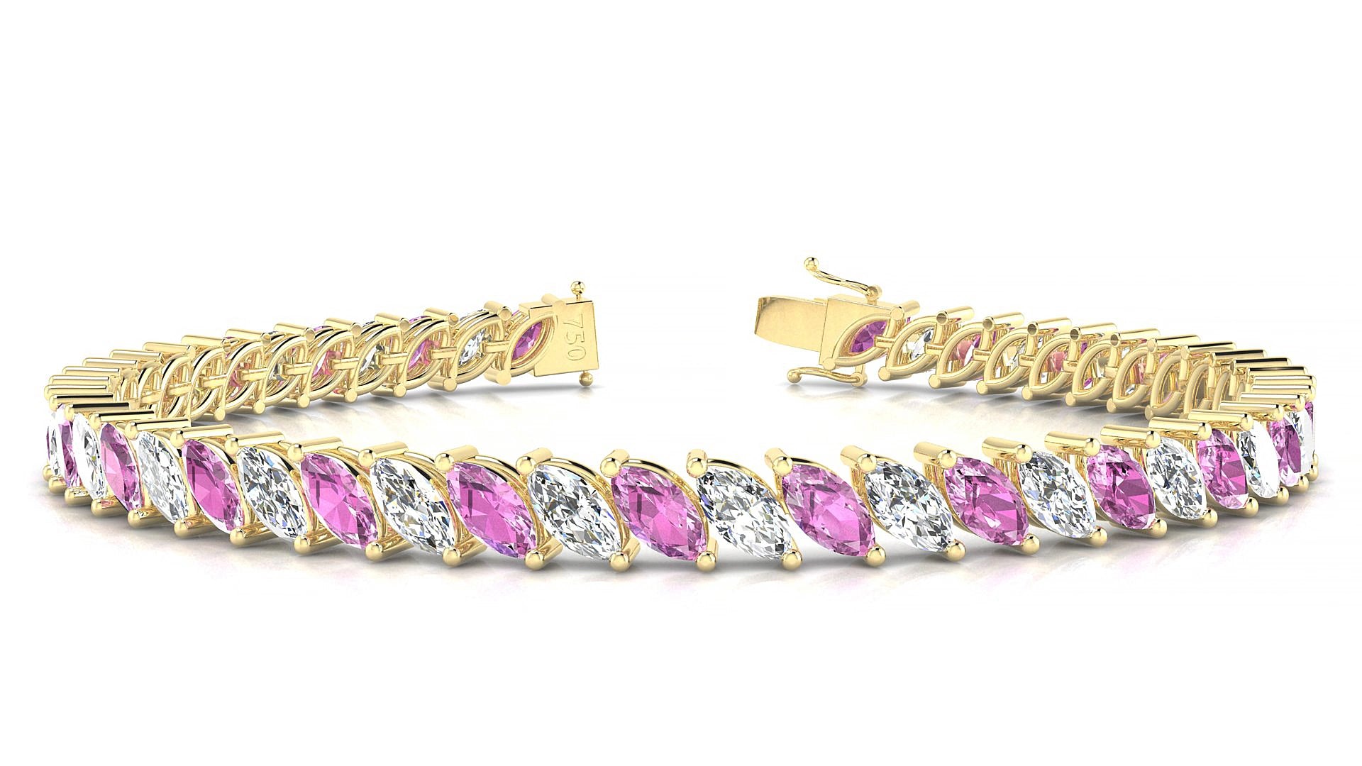 Venezia 1-1 | 18k Yellow Gold 6 x 3 mm Marquise Natural Pink Sapphire & Diamond 17 cm Tennis Bracelet