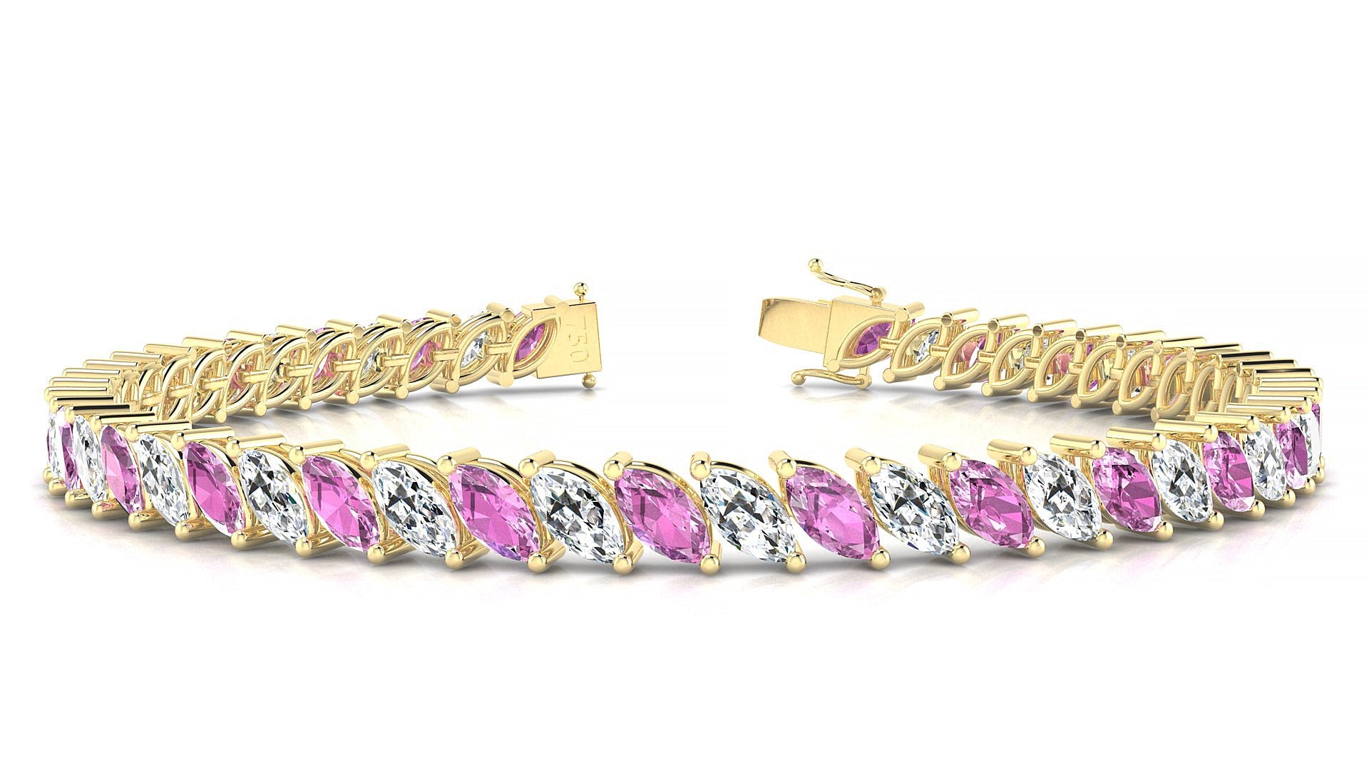 Venezia 1-1 | 18k Yellow Gold 6 x 3 mm Marquise Natural Pink Sapphire & Diamond Tennis Bracelet