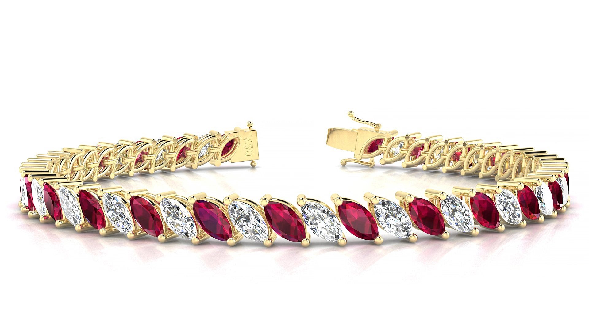 Venezia 1-1 | 18k Yellow Gold 6 x 3 mm Marquise Natural Ruby & Diamond 15 cm Tennis Bracelet