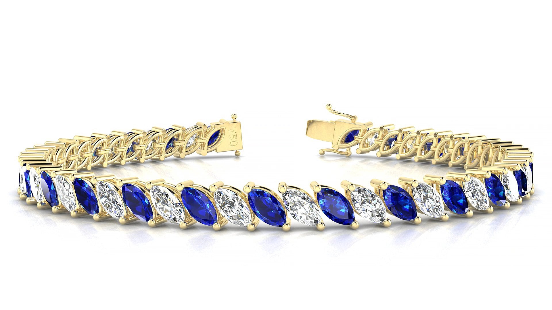 Venezia 1-1 | 18k Yellow Gold 6 x 3 mm Marquise Natural Sapphire & Diamond 15 cm Tennis Bracelet